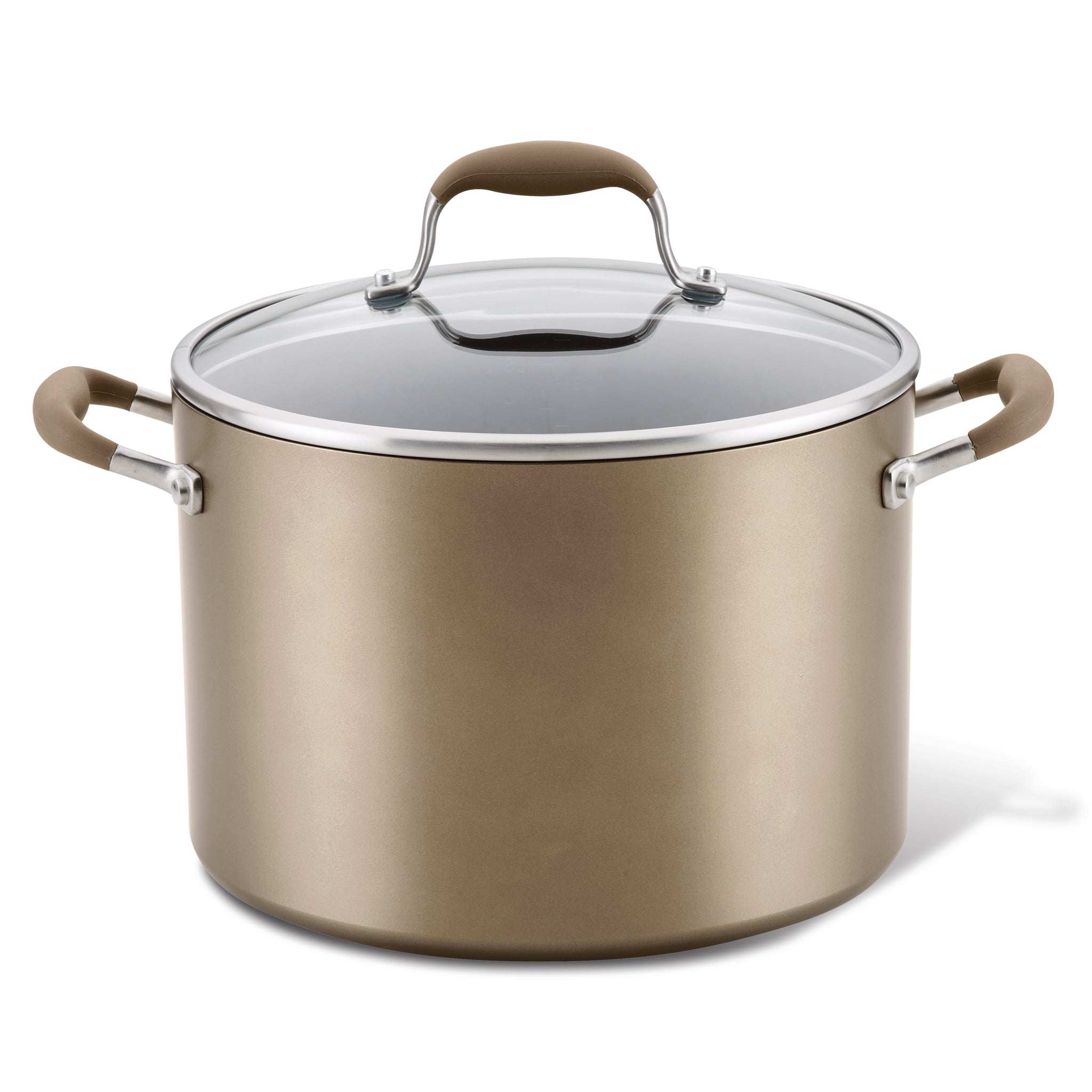 A large, metallic bronze pot with a matching lid and brown handles. The lid has a clear glass center and a silver rim, featuring a brown handle on top. The design is sleek and modern.