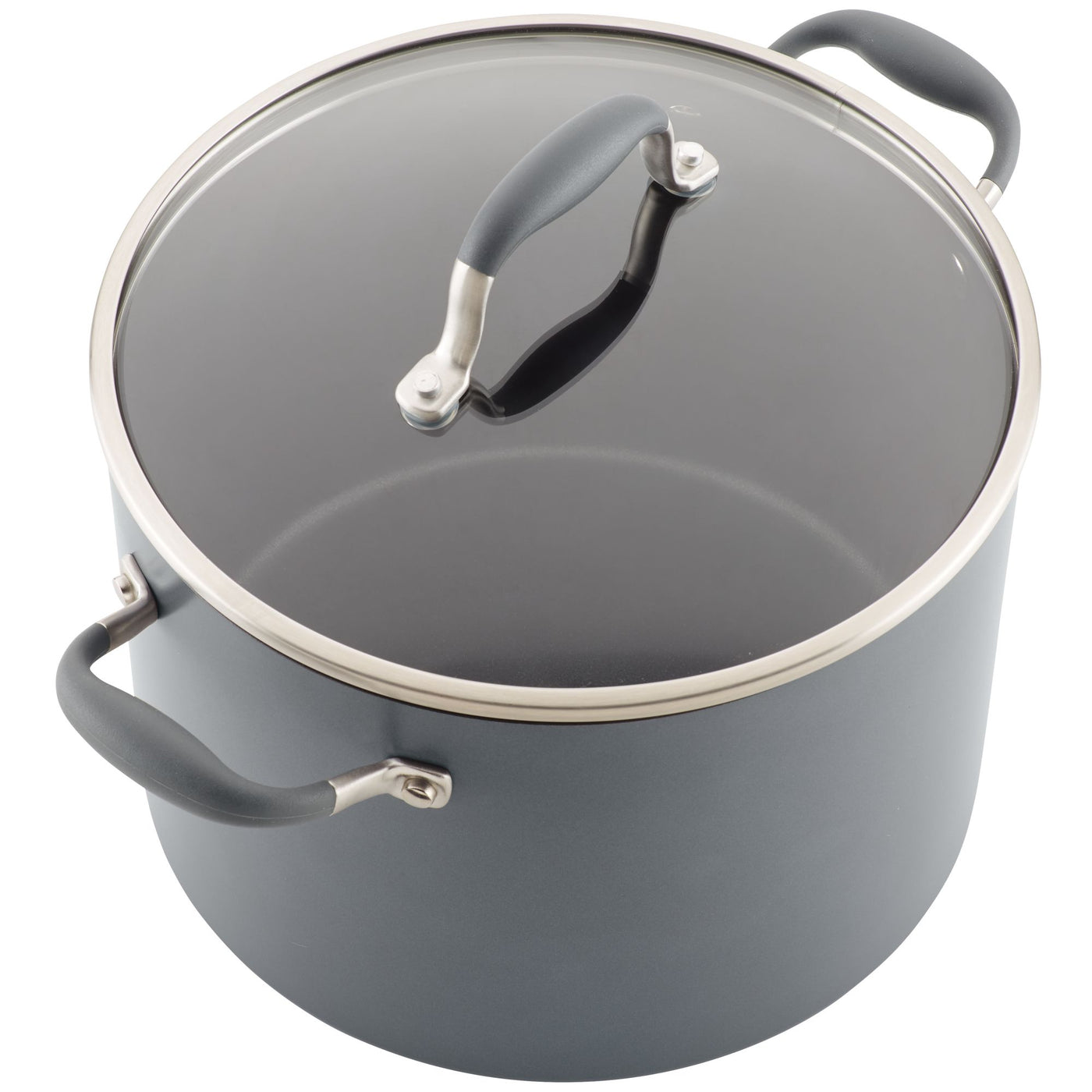 A large gray cooking pot with a transparent glass lid and two black handles on either side. The lid has a matching black handle on top. The pot has a sleek and modern design.