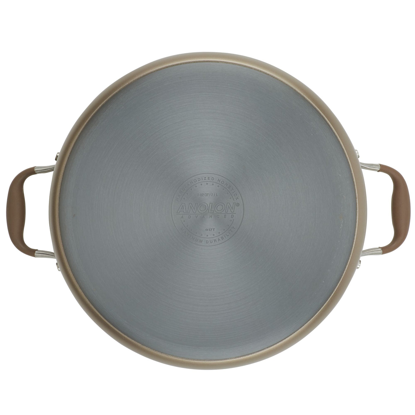 A top view of a metal pan with two brown handles. The pan features the brand name Anolon and details about its construction on the surface. The design is simple and functional.