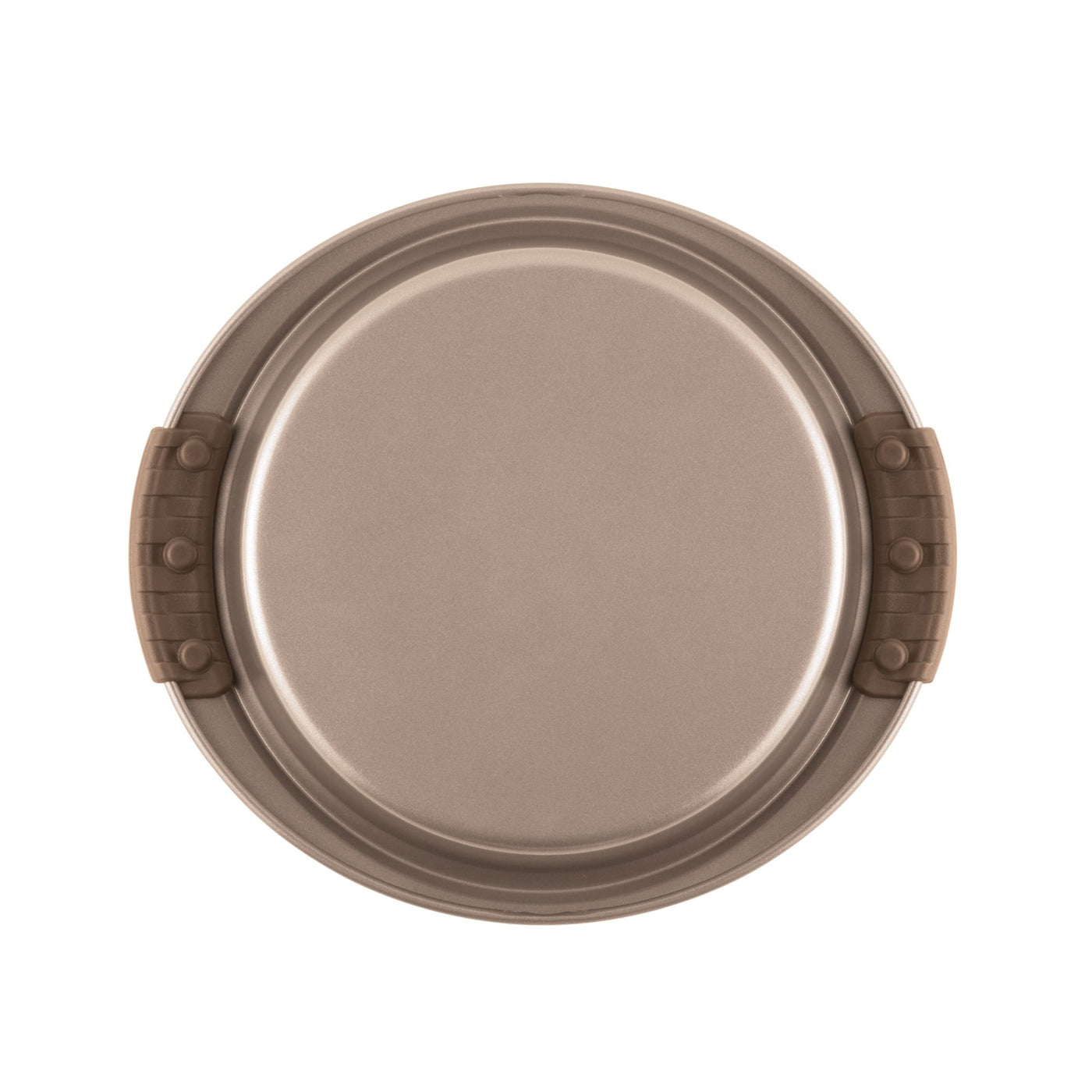 A round, beige baking pan with two dark brown silicone grips on opposite sides, viewed from above. The pan has a sleek, non-stick surface and a raised edge.
