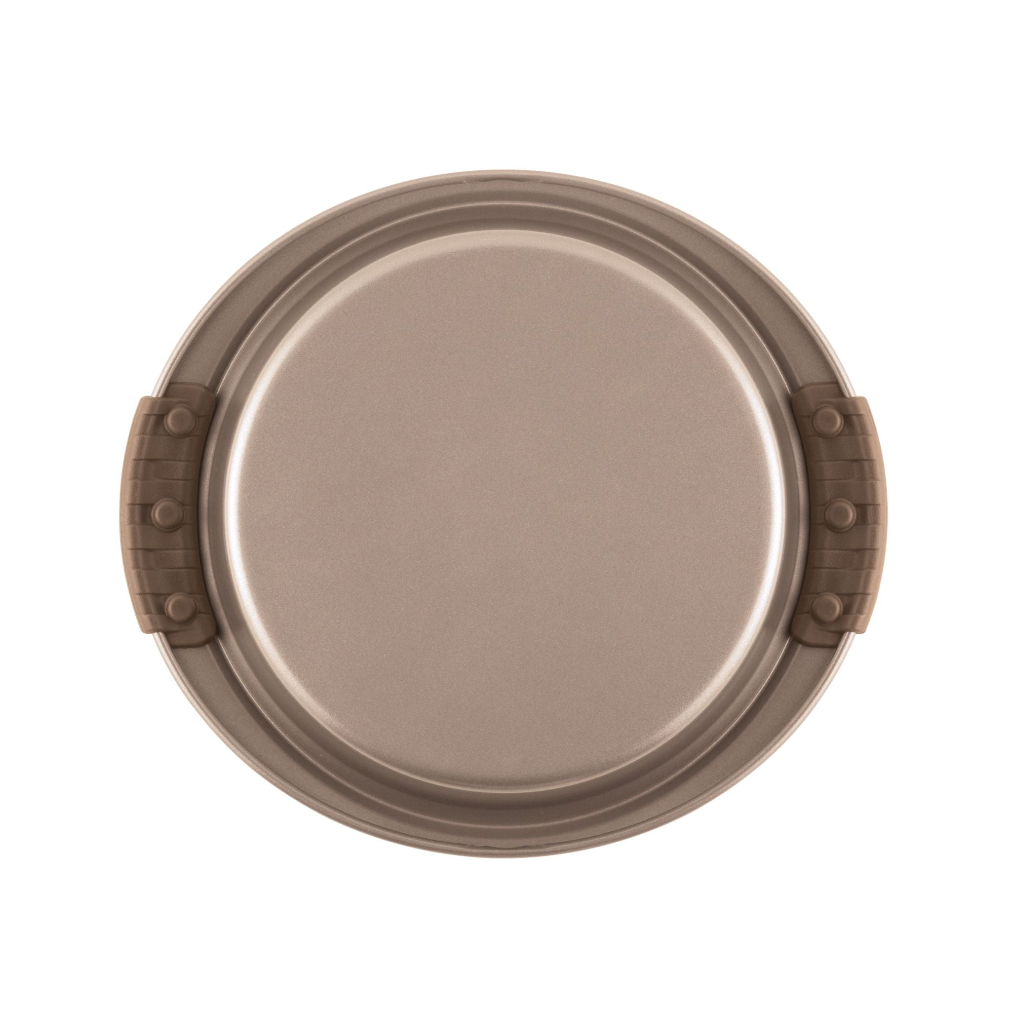 A round, beige baking pan with two dark brown silicone grips on opposite sides, viewed from above. The pan has a sleek, non-stick surface and a raised edge.