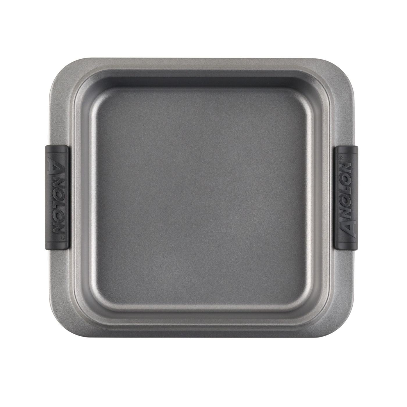 A square gray baking pan with high edges and two black handles on opposite sides, featuring the brand name Anolon embossed on them. The pan has a non-stick surface and a sleek, modern design.