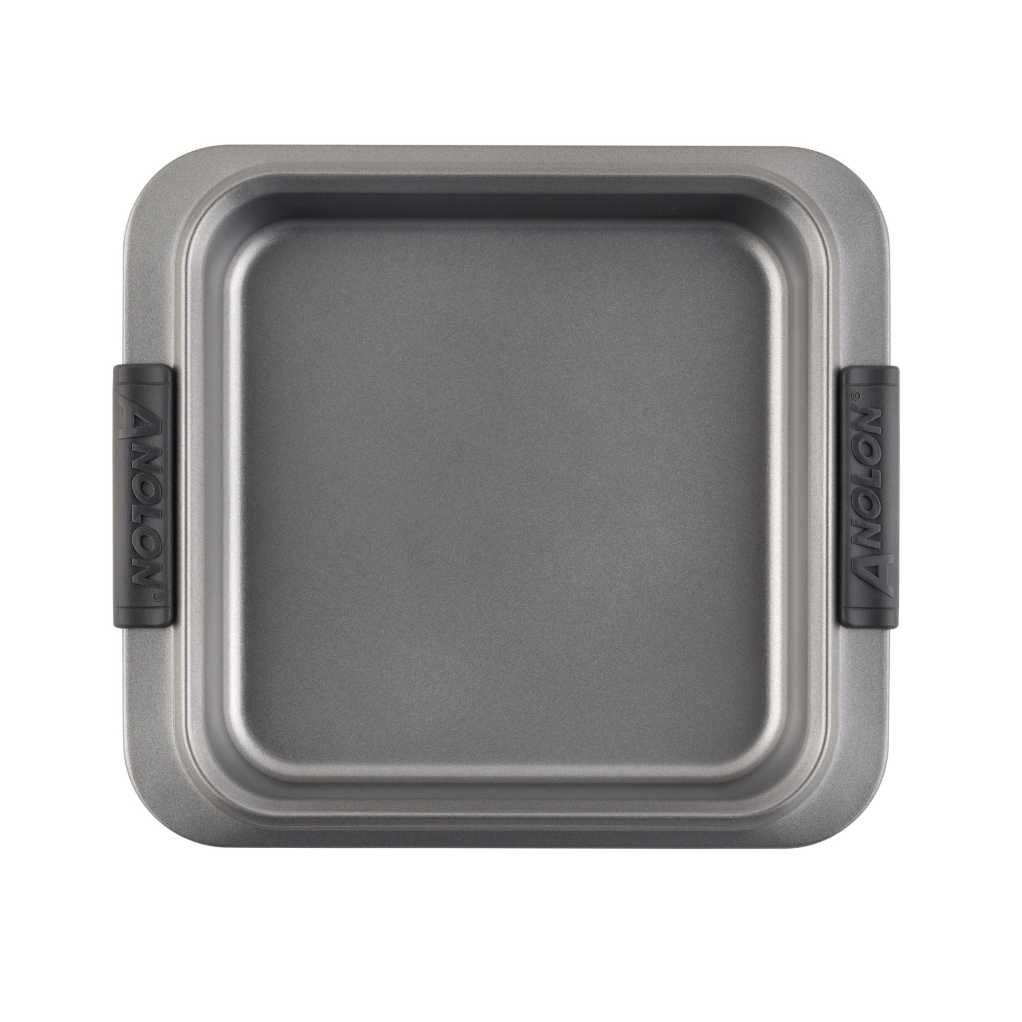 A square gray baking pan with high edges and two black handles on opposite sides, featuring the brand name Anolon embossed on them. The pan has a non-stick surface and a sleek, modern design.