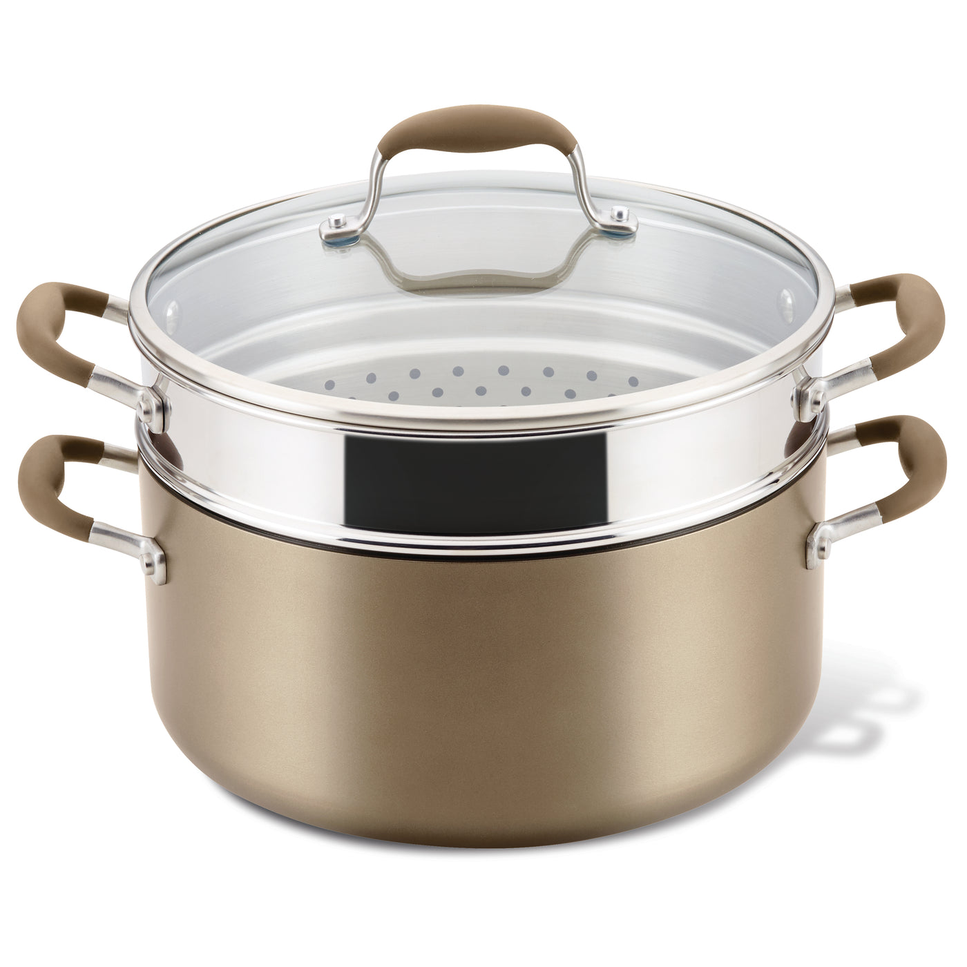 A brown nonstick pasta pot with a stainless steel strainer insert and a glass lid. The pot and strainer have double handles with silicone grips.