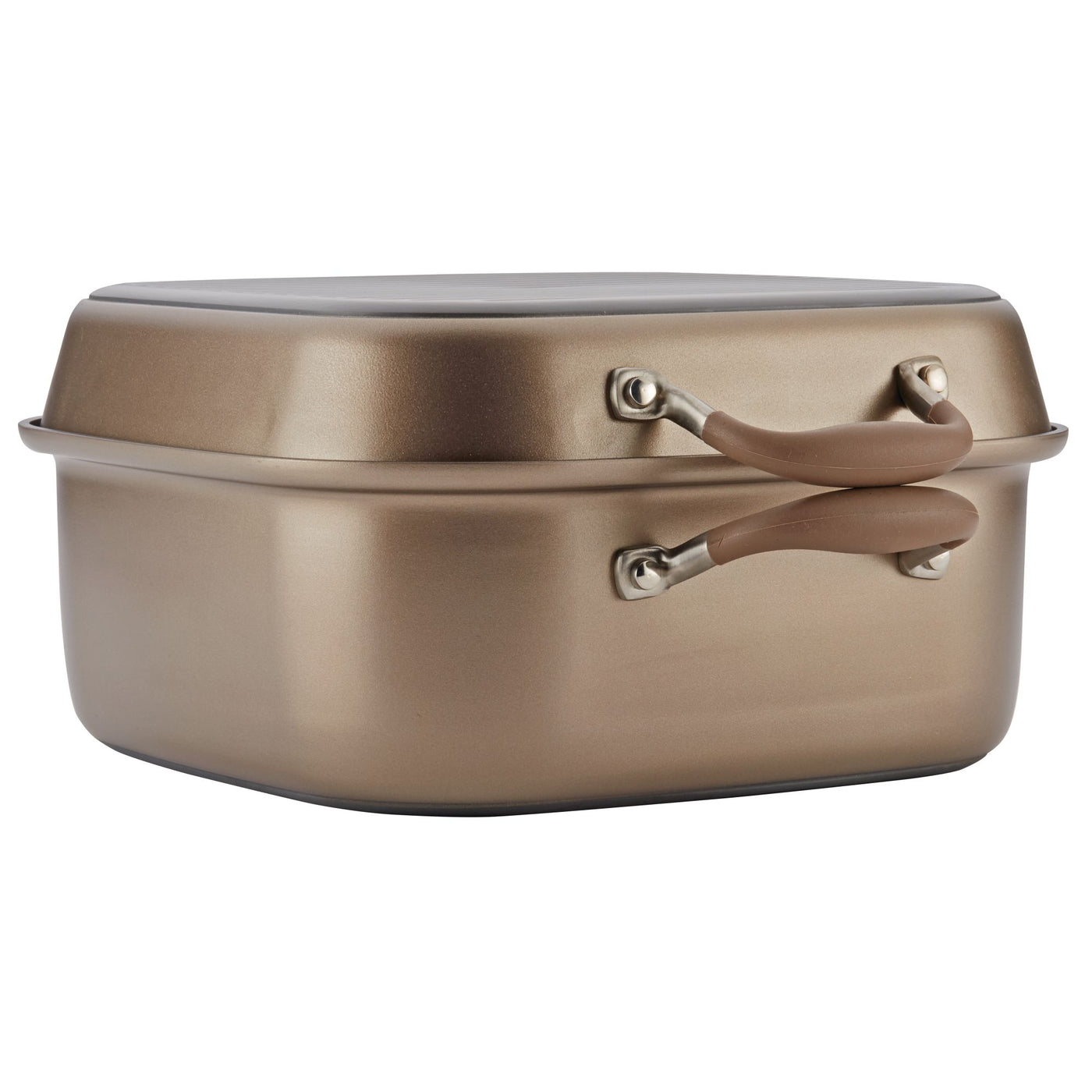 A bronze-colored, rectangular Dutch oven with two side handles and a flat lid. The handles have a brown grip, and the lid is designed to fit securely on top of the pot. The surface has a metallic sheen.