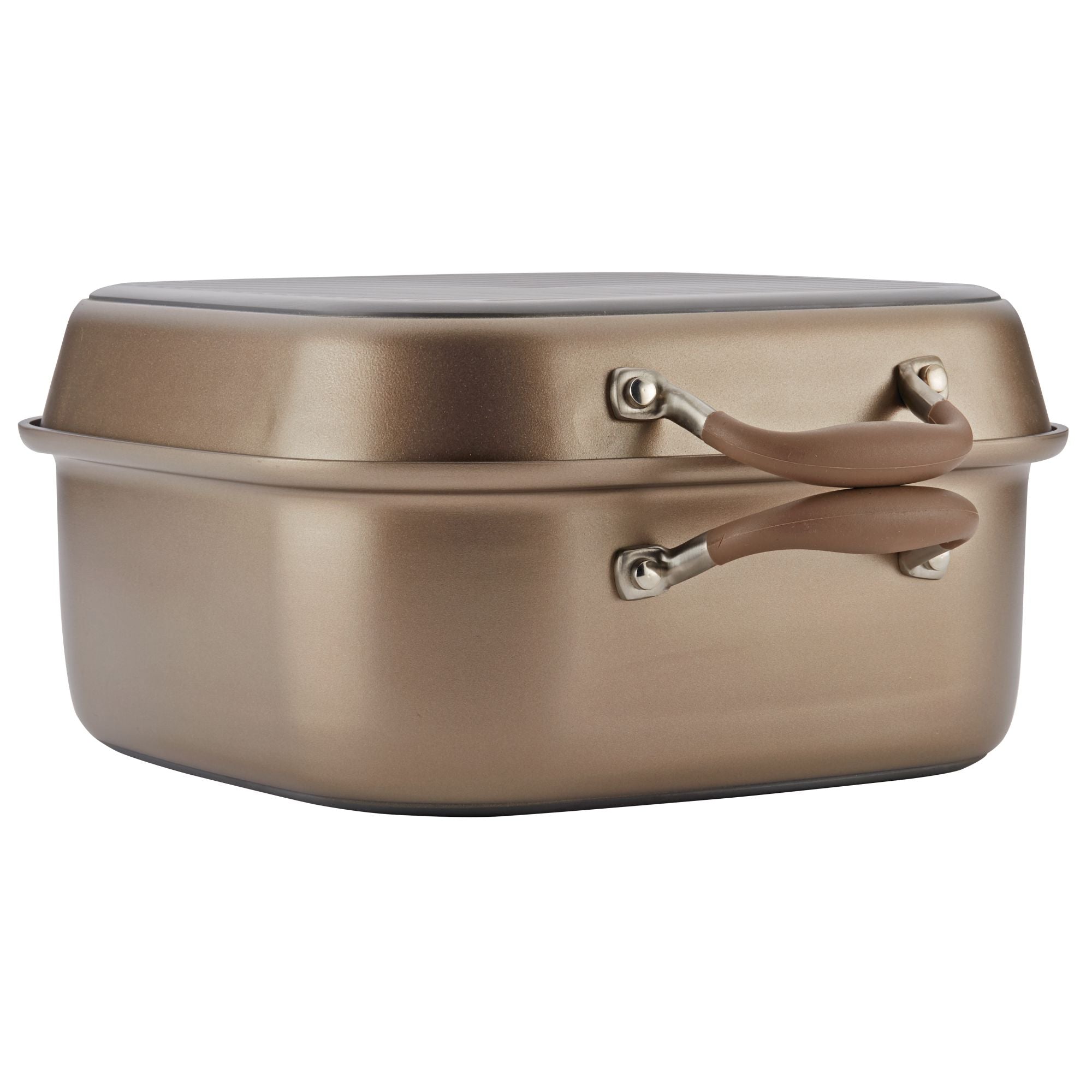 A bronze-colored, rectangular Dutch oven with two side handles and a flat lid. The handles have a brown grip, and the lid is designed to fit securely on top of the pot. The surface has a metallic sheen.