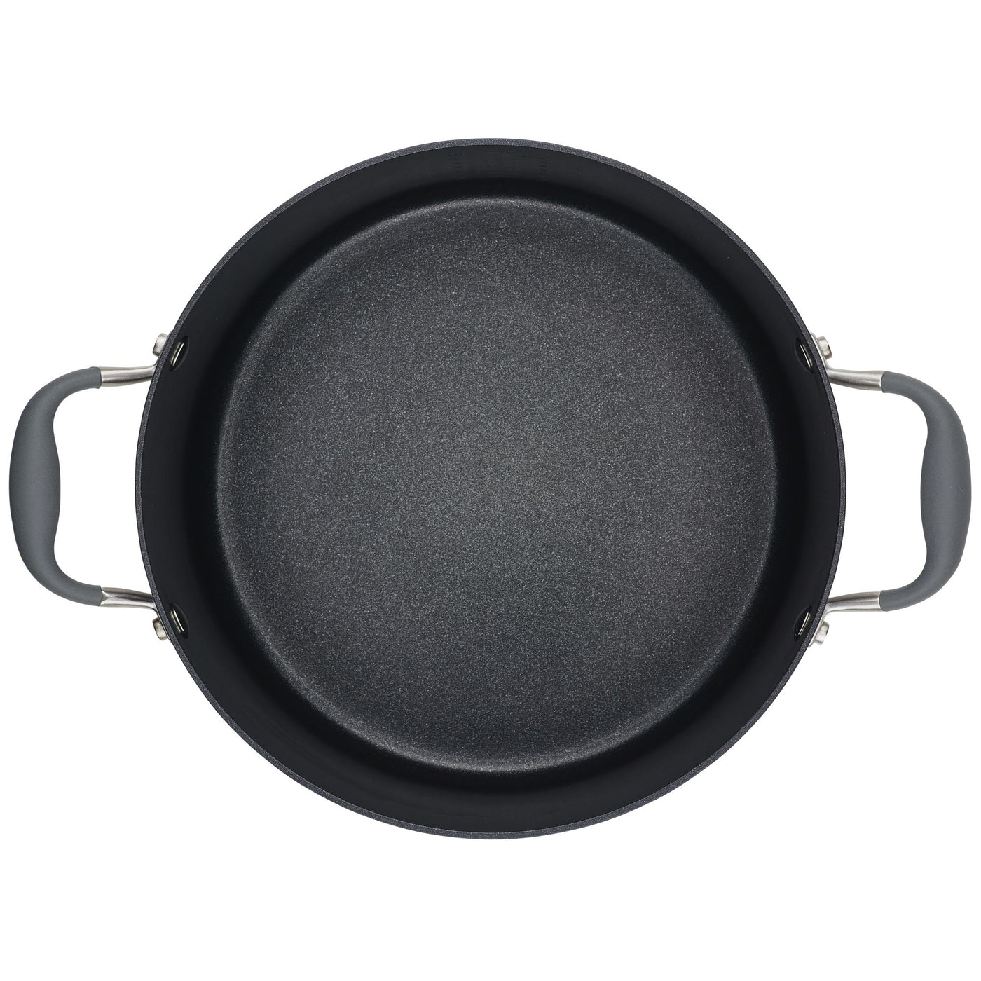 A top-down view of a large, black non-stick cooking pot with two sturdy gray handles on either side. The interior appears smooth and even, suitable for various cooking methods.