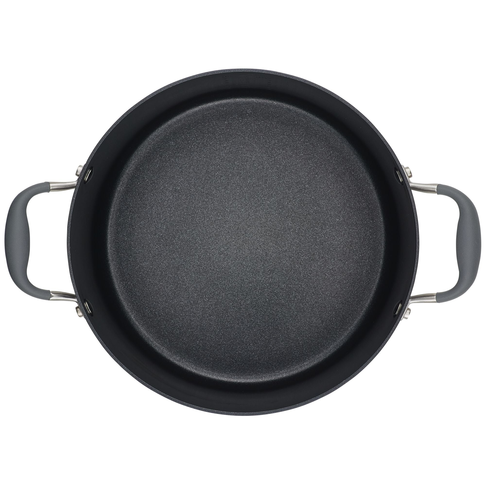 A top-down view of a large, black non-stick cooking pot with two sturdy gray handles on either side. The interior appears smooth and even, suitable for various cooking methods.