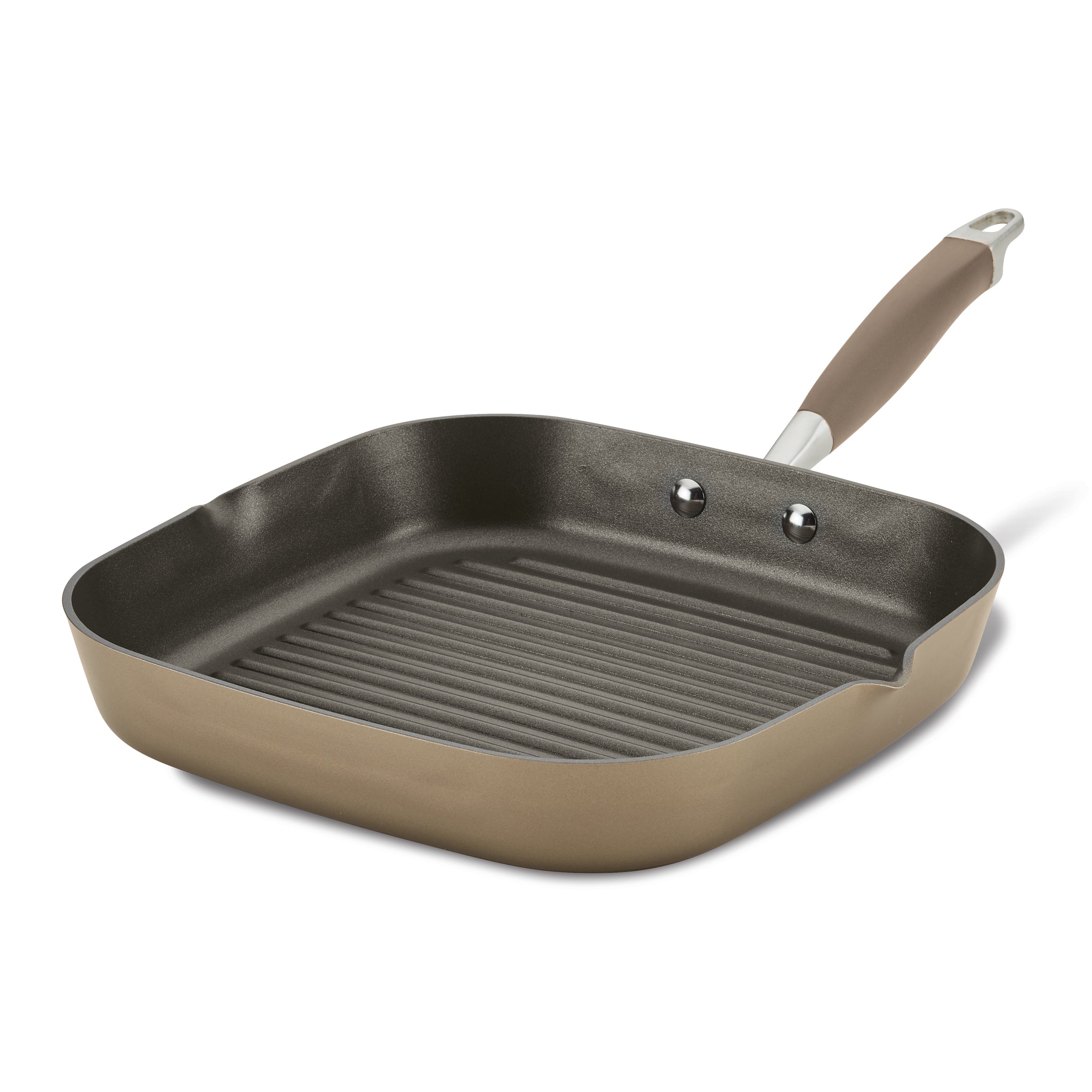 A square, non-stick grill pan with a ridged surface and a long handle, designed for stovetop cooking. The pan is beige on the outside and dark gray inside, with a sleek, modern design.