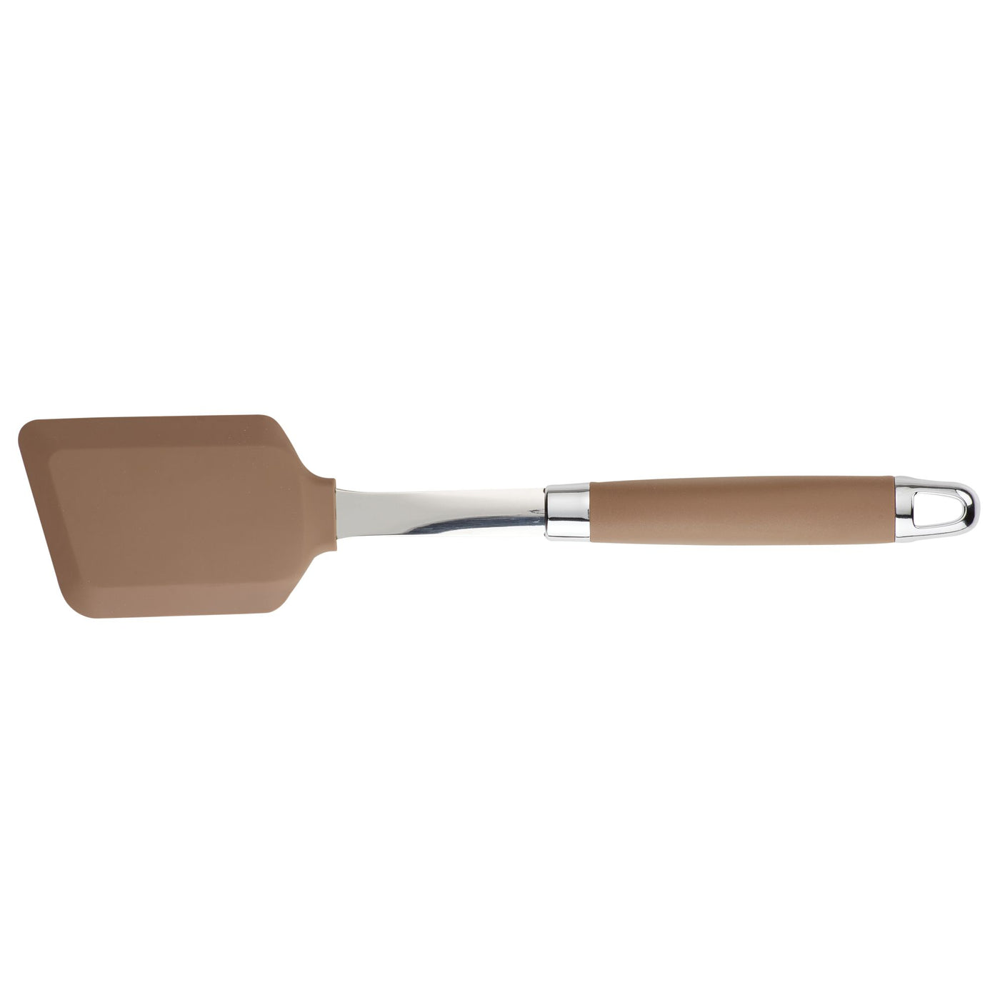 A brown spatula with a silicone head and a sleek metal handle, featuring a hanging loop at the end.