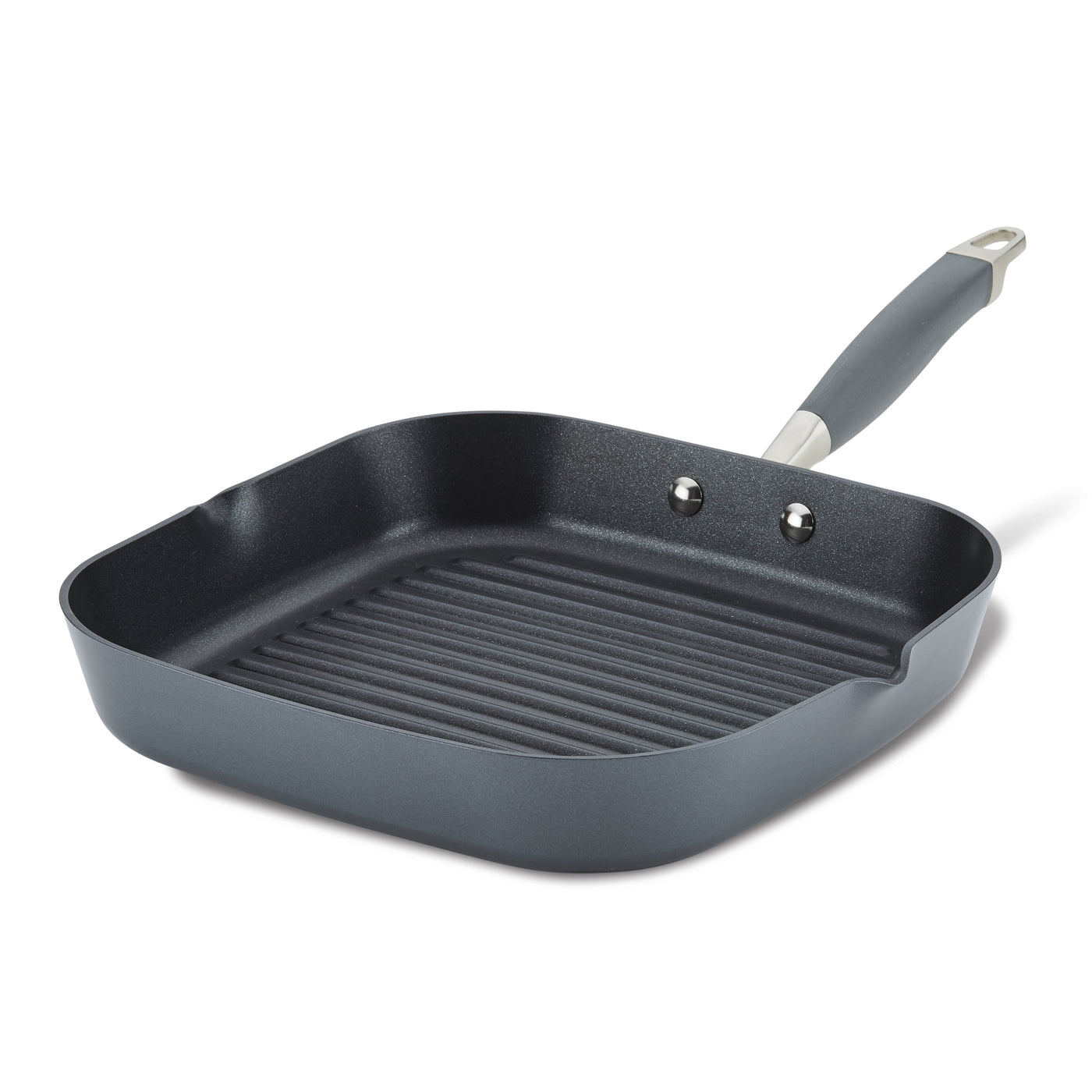A square black grill pan with ridges and a long handle. The pan is designed for stovetop grilling, featuring a non-stick surface and a gray handle for easy grip.