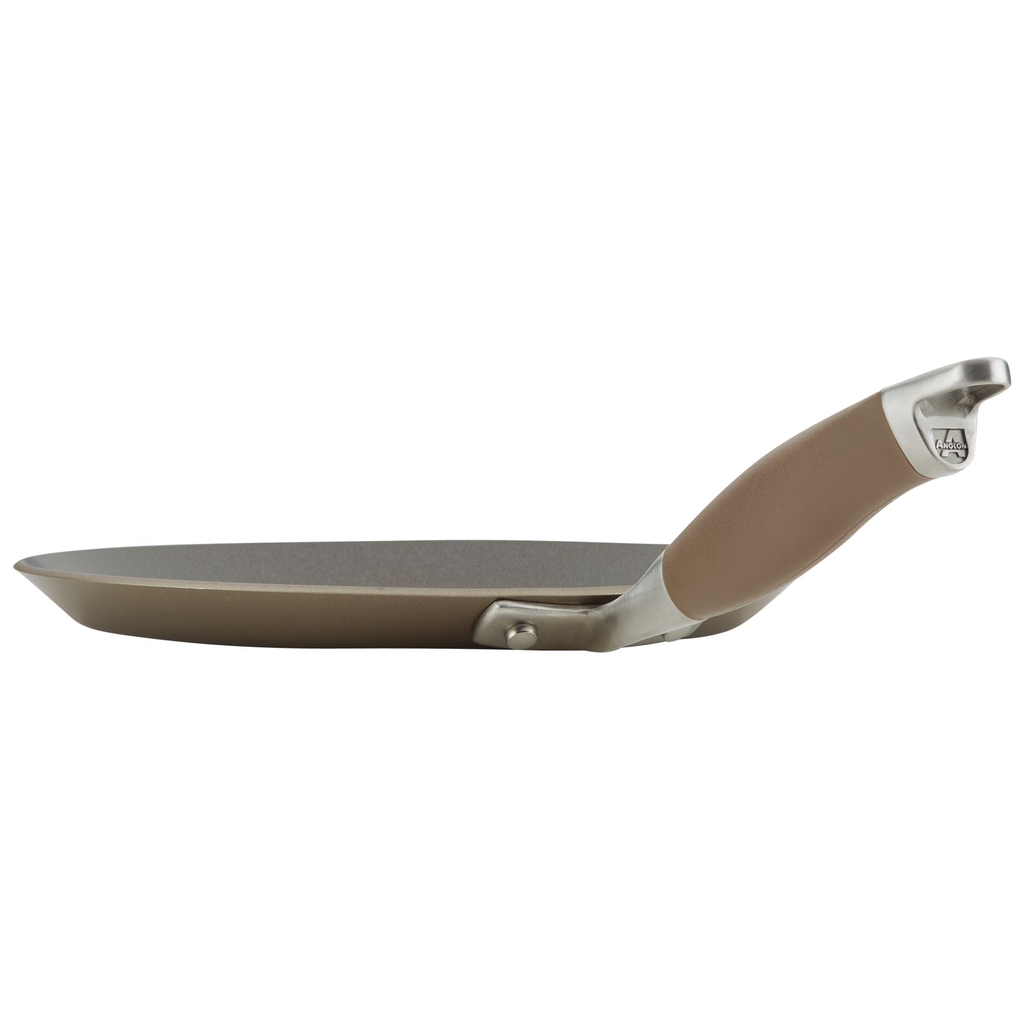 A non-stick frying pan with a brown handle and metal accents, viewed from the side. The pan has a smooth, flat base and a slightly curved edge. The handle features a thumb rest for a comfortable grip.