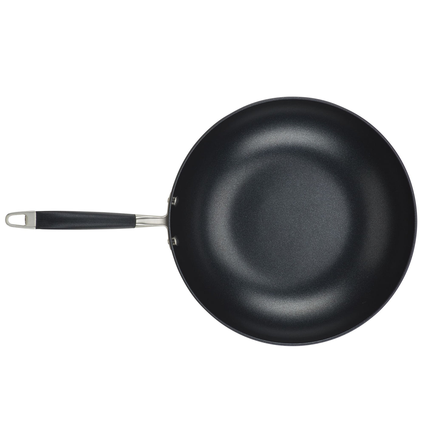 A black non-stick frying pan with a stainless steel handle, shown from above against a white background.