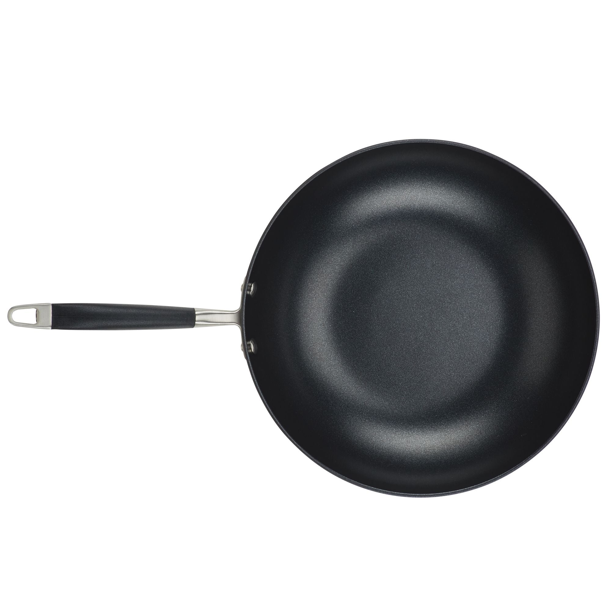A black non-stick frying pan with a stainless steel handle, shown from above against a white background.