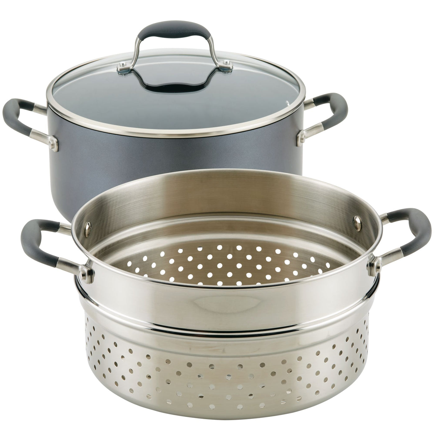 A stainless steel steamer pot set, including a large silver pot with a glass lid and black handles, and a perforated metal steamer insert with matching handles, designed for steaming vegetables or other foods.