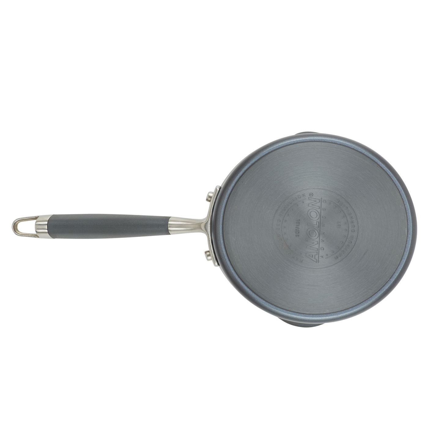 Top view of a stainless steel saucepan with a long black handle. The lid is removed, showing the inner surface, which is smooth and reflective. The bottom has branding and measurement engravings. The handle has a hanging loop at the end.