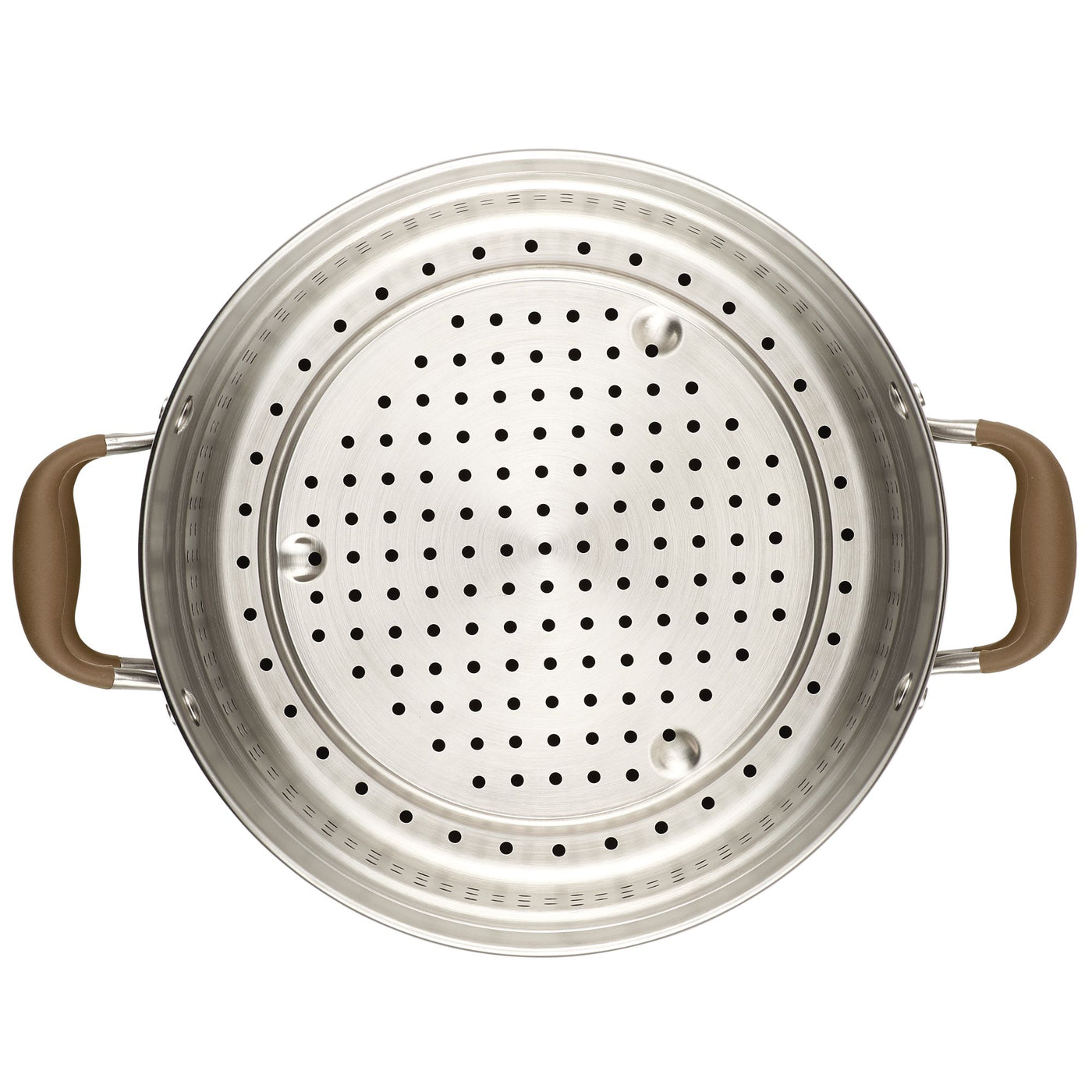 Top view of a stainless steel steamer insert with dual brown handles and perforated holes for steam. The round steamer is designed to fit over a pot, allowing food to be cooked without direct contact with water.