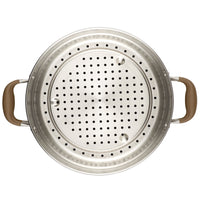 Top view of a stainless steel steamer insert with dual brown handles and perforated holes for steam. The round steamer is designed to fit over a pot, allowing food to be cooked without direct contact with water.