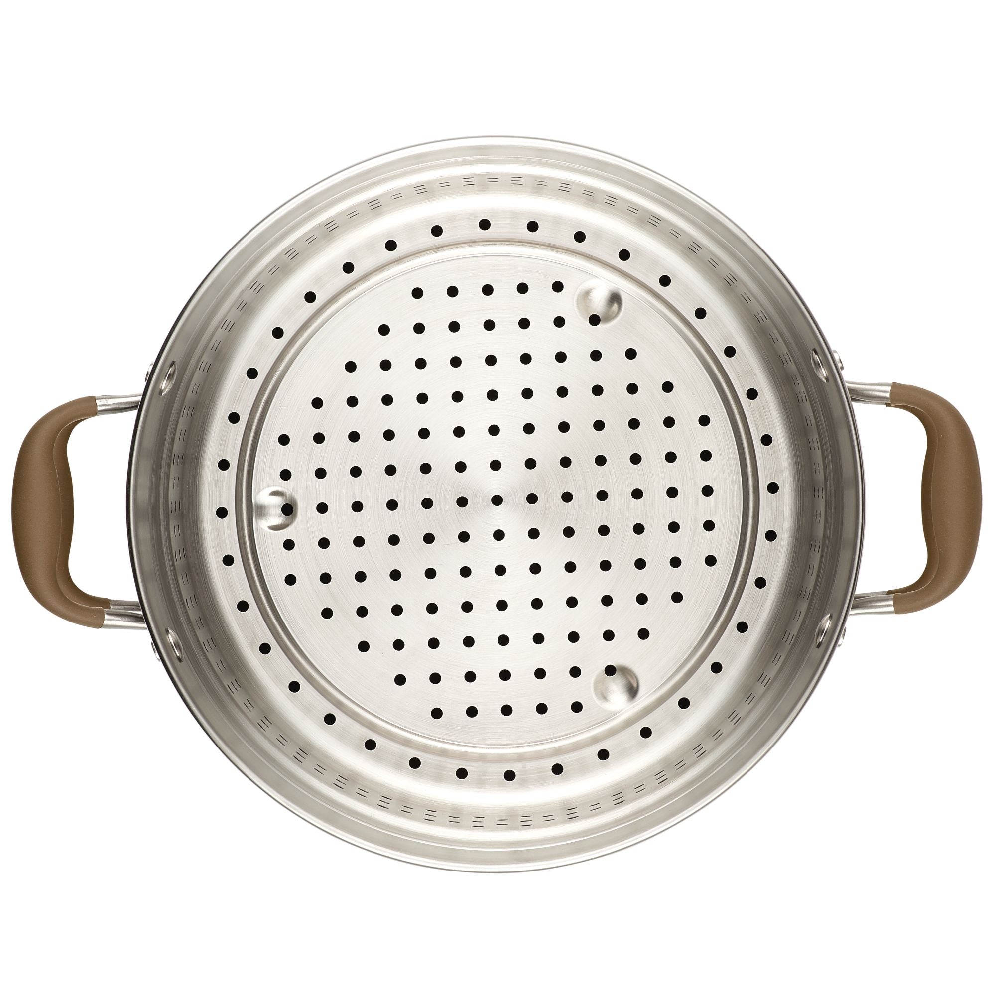Top view of a stainless steel steamer insert with dual brown handles and perforated holes for steam. The round steamer is designed to fit over a pot, allowing food to be cooked without direct contact with water.