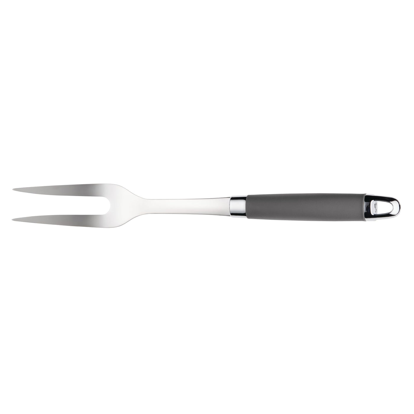 A stainless steel meat fork with two prongs and a black handle, designed for use in cooking or serving. The fork has a sleek and modern appearance.