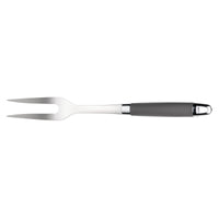 A stainless steel meat fork with two prongs and a black handle, designed for use in cooking or serving. The fork has a sleek and modern appearance.