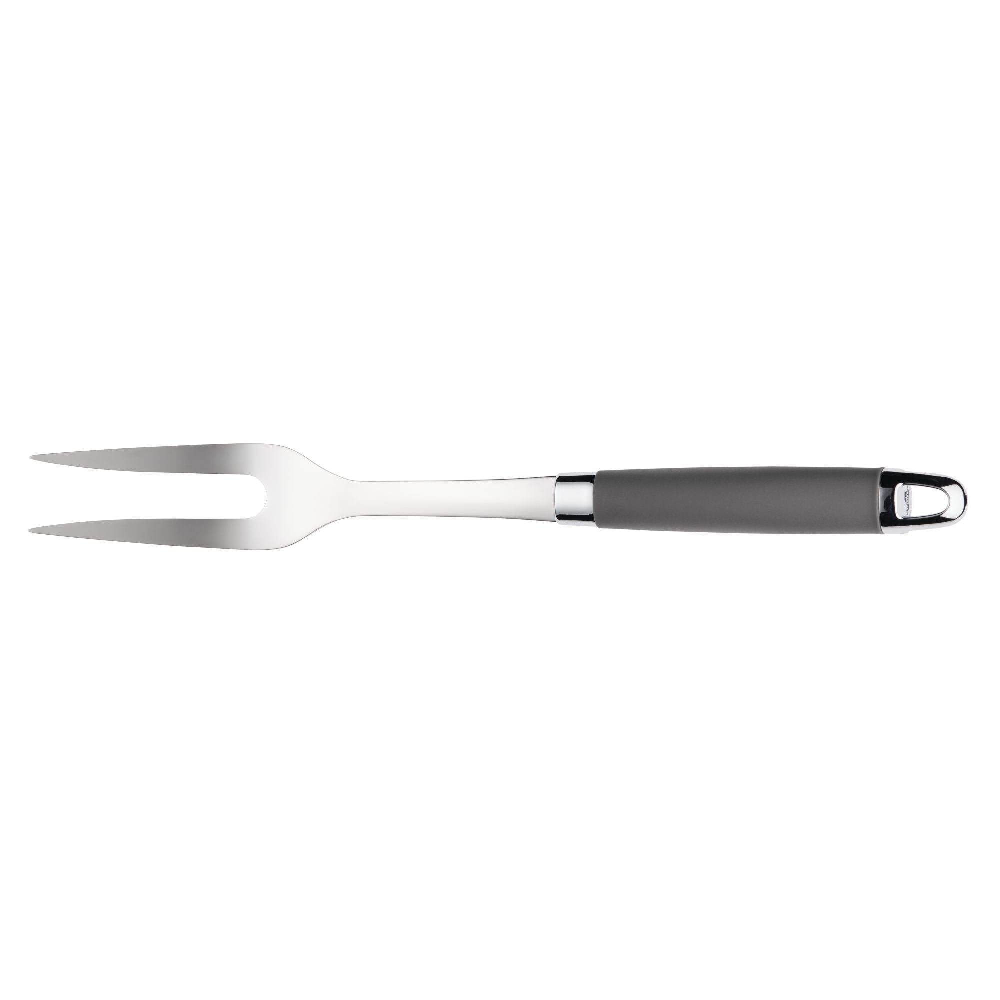 A stainless steel meat fork with two prongs and a black handle, designed for use in cooking or serving. The fork has a sleek and modern appearance.