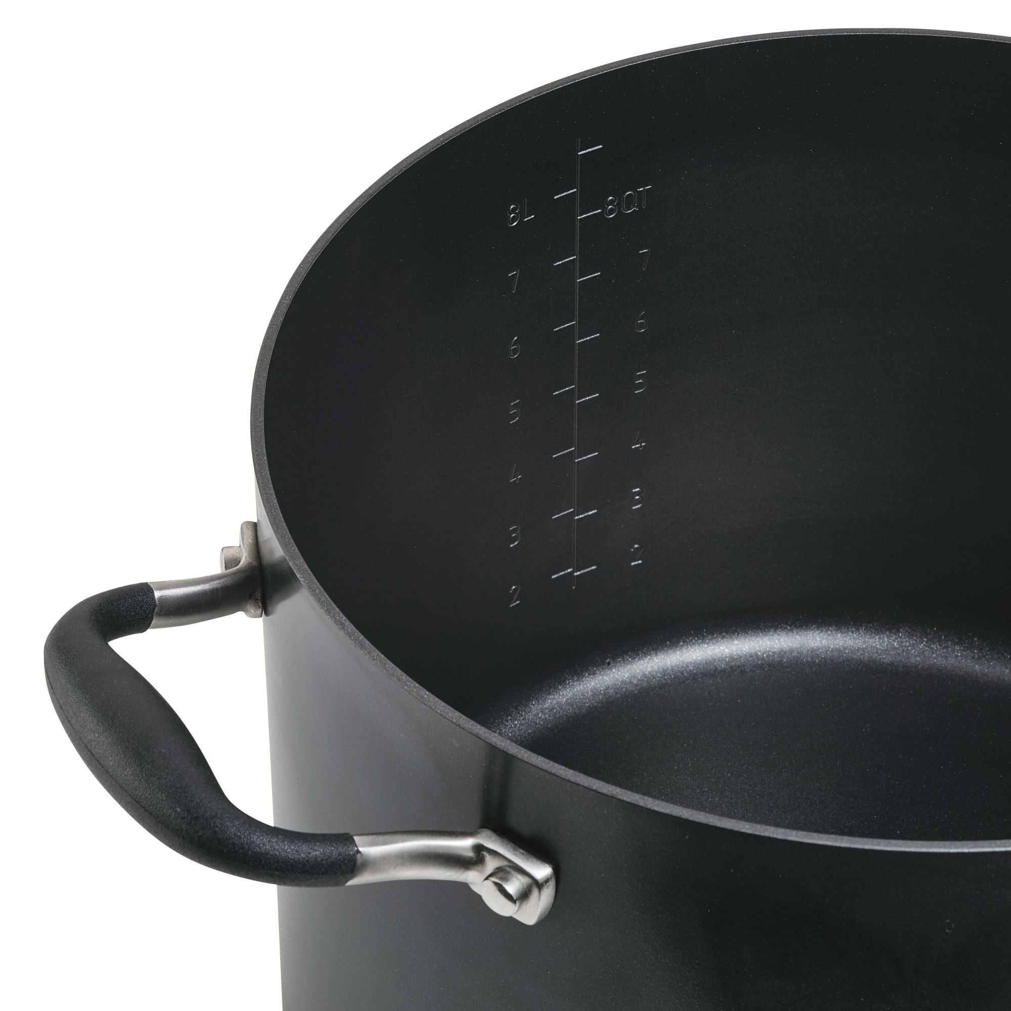 A black pot with a non-stick surface and a measuring scale inside, showing up to 8 quarts or liters. It has two sturdy handles on opposite sides.