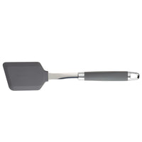 A gray silicone spatula with a metal handle and a silicone grip, designed for cooking and baking. The spatula head is rectangular with slightly rounded edges.