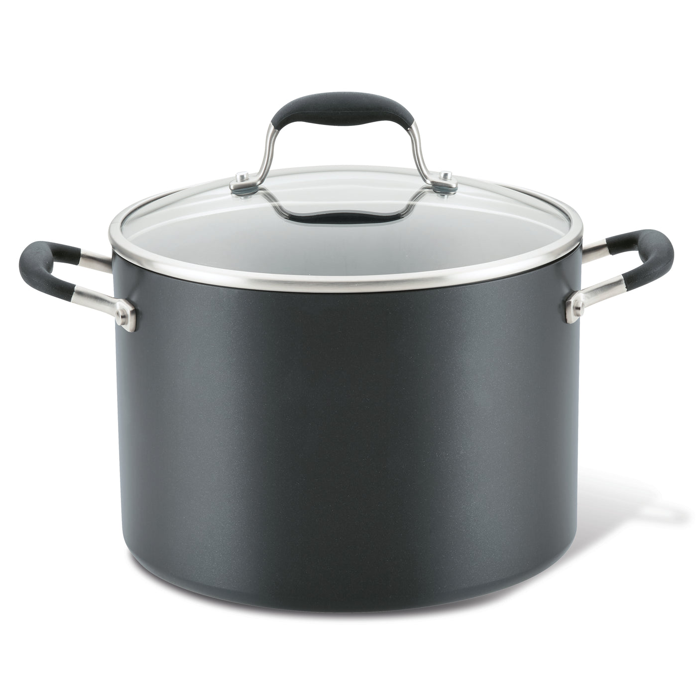 A large black pot with a glass lid and metal handles, featuring rubber grips. The pot is cylindrical with a smooth surface and a matte finish.