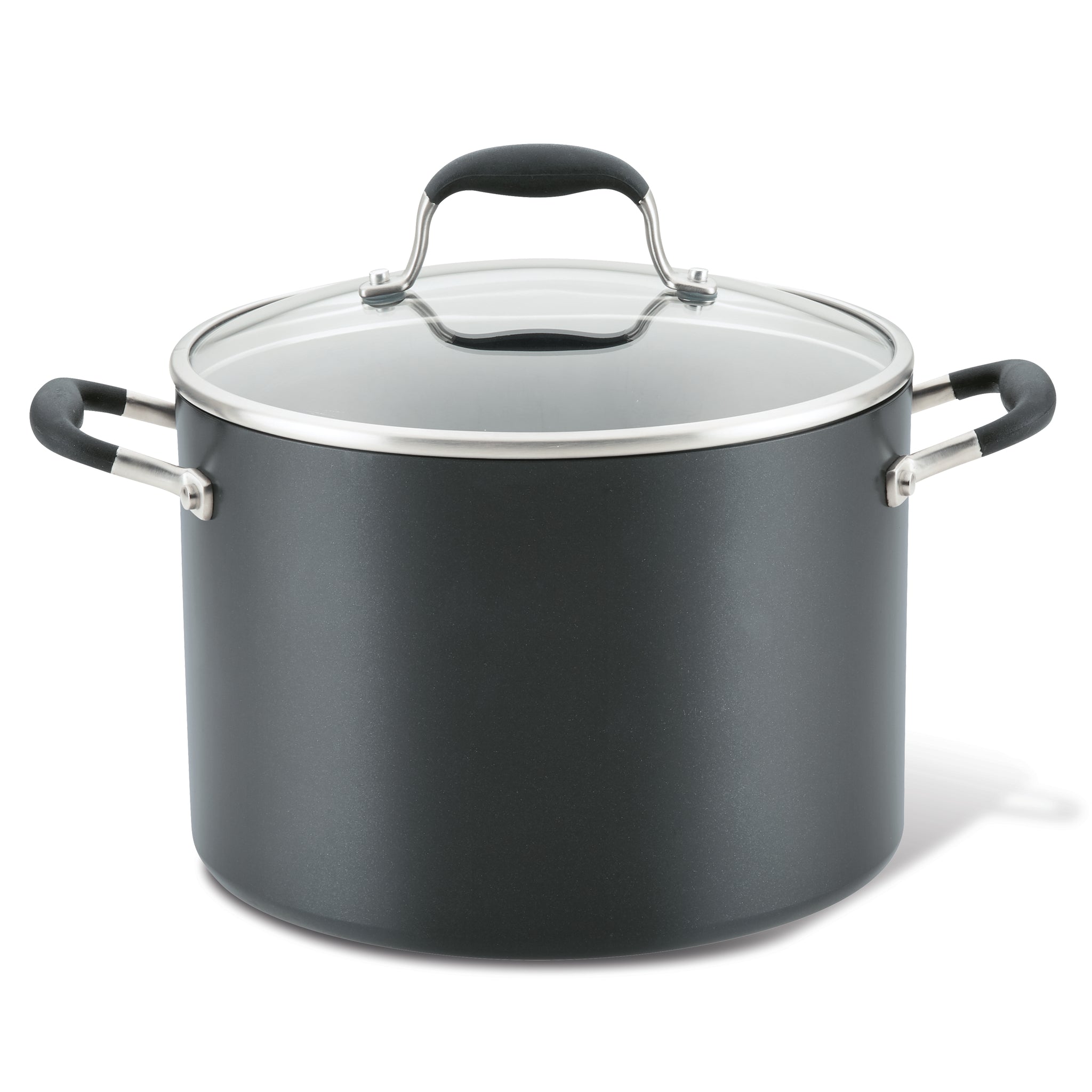 A large black pot with a glass lid and metal handles, featuring rubber grips. The pot is cylindrical with a smooth surface and a matte finish.