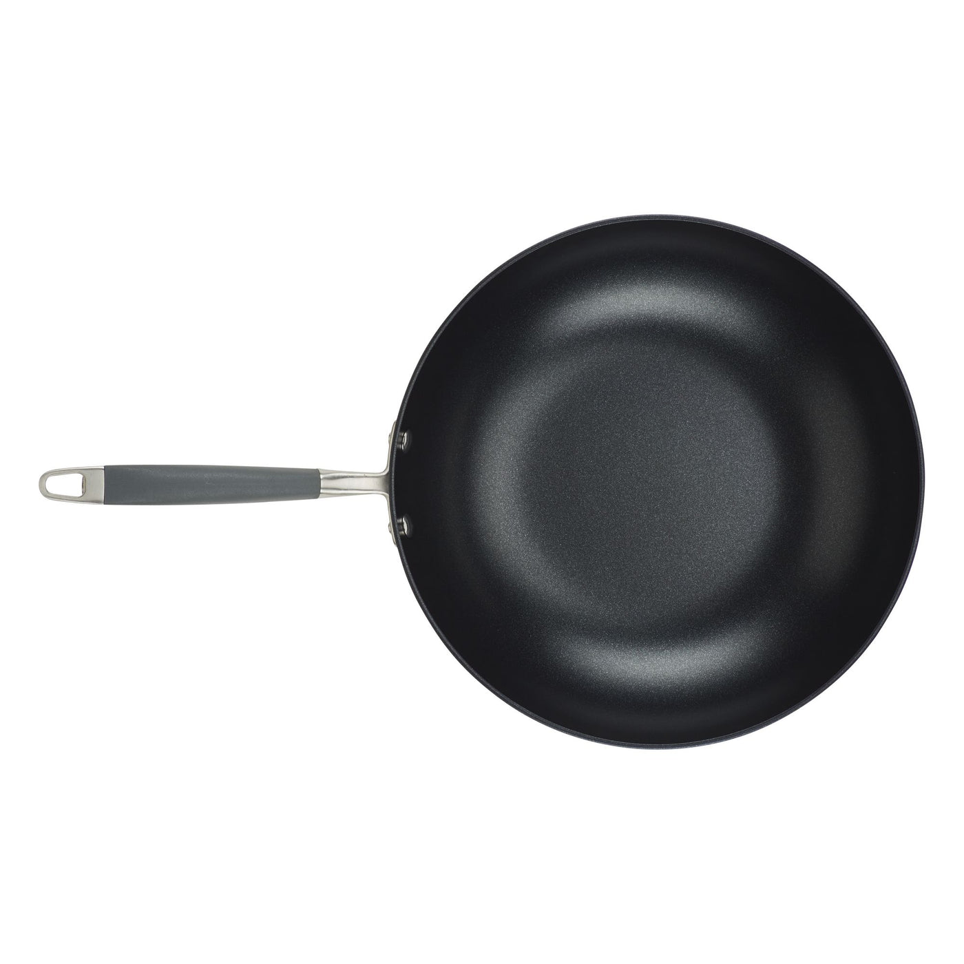 A black frying pan with a non-stick surface and a metal handle featuring a dark grip, viewed from above on a plain white background.