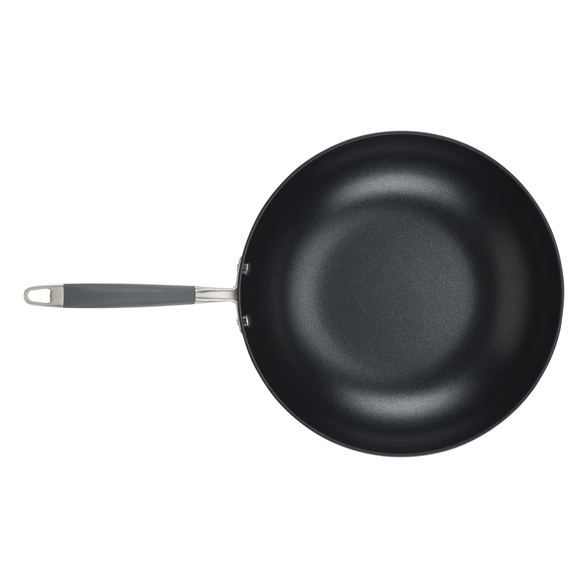 A black frying pan with a non-stick surface and a metal handle featuring a dark grip, viewed from above on a plain white background.