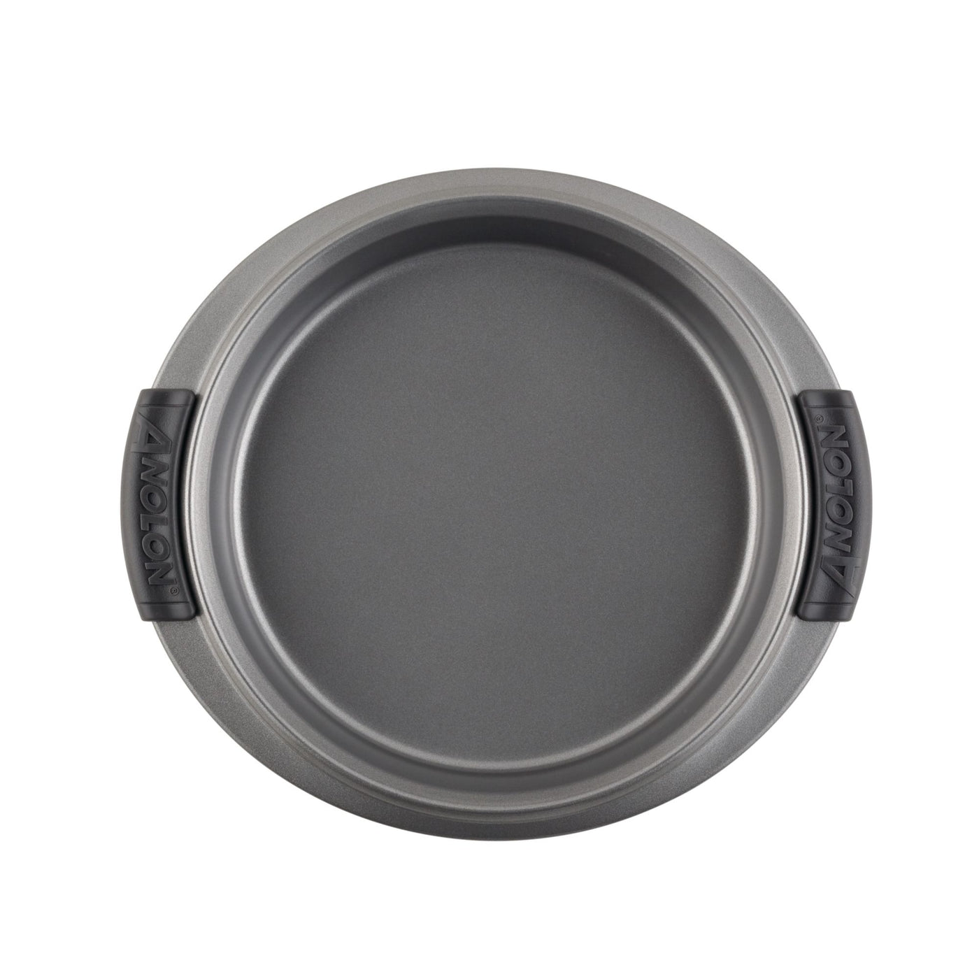 A round, non-stick baking pan with black silicone handles on either side, shown from above. The surface is smooth and gray, with the brand name Anolon embossed on each handle.
