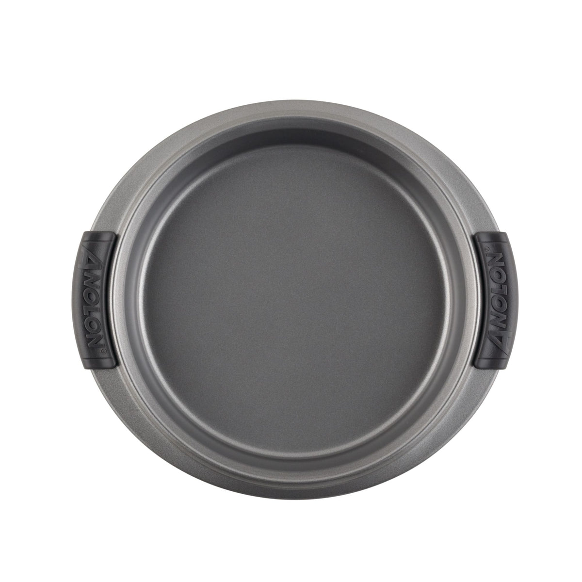 A gray, round baking pan with black, rubberized handles on each side. The surface has a non-stick coating and is seen from above, showcasing its smooth interior and sturdy construction.