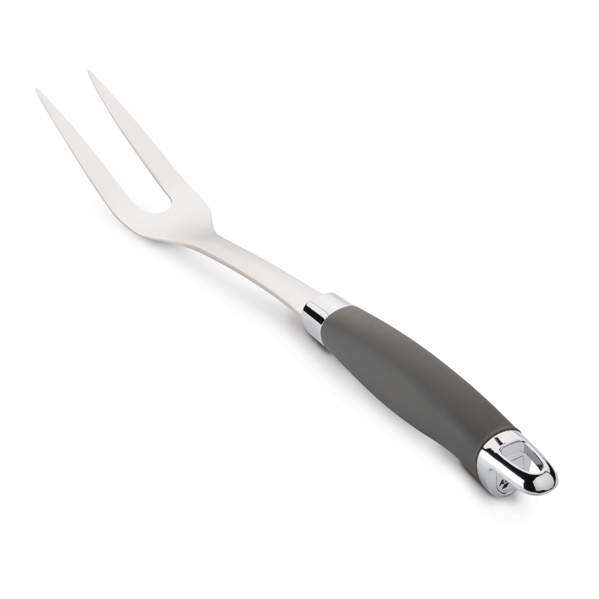 A two-pronged meat fork with a shiny metal head and a robust dark gray handle, designed for carving and serving meat. The handle has a chrome accent at the end. The fork is set against a white background.