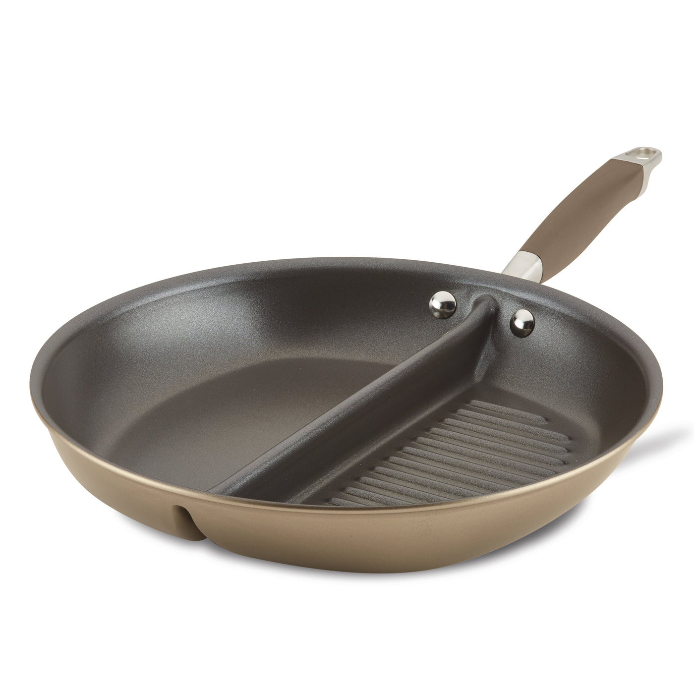 A non-stick skillet divided into two sections: a flat surface for frying and a ridged grill area. The pan has a long, ergonomic handle and is light brown in color.