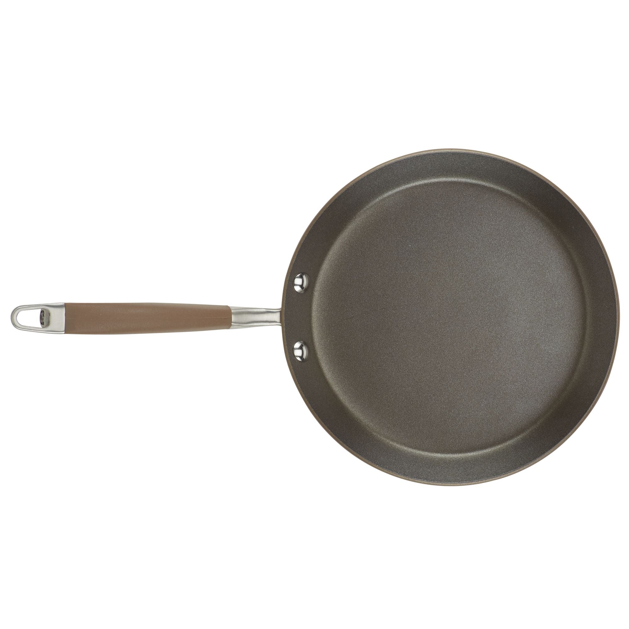 A non-stick frying pan with a brown handle is shown from above. The interior is smooth and gray, and the handle has a metal loop at the end for hanging. The pan has two rivets attaching the handle.