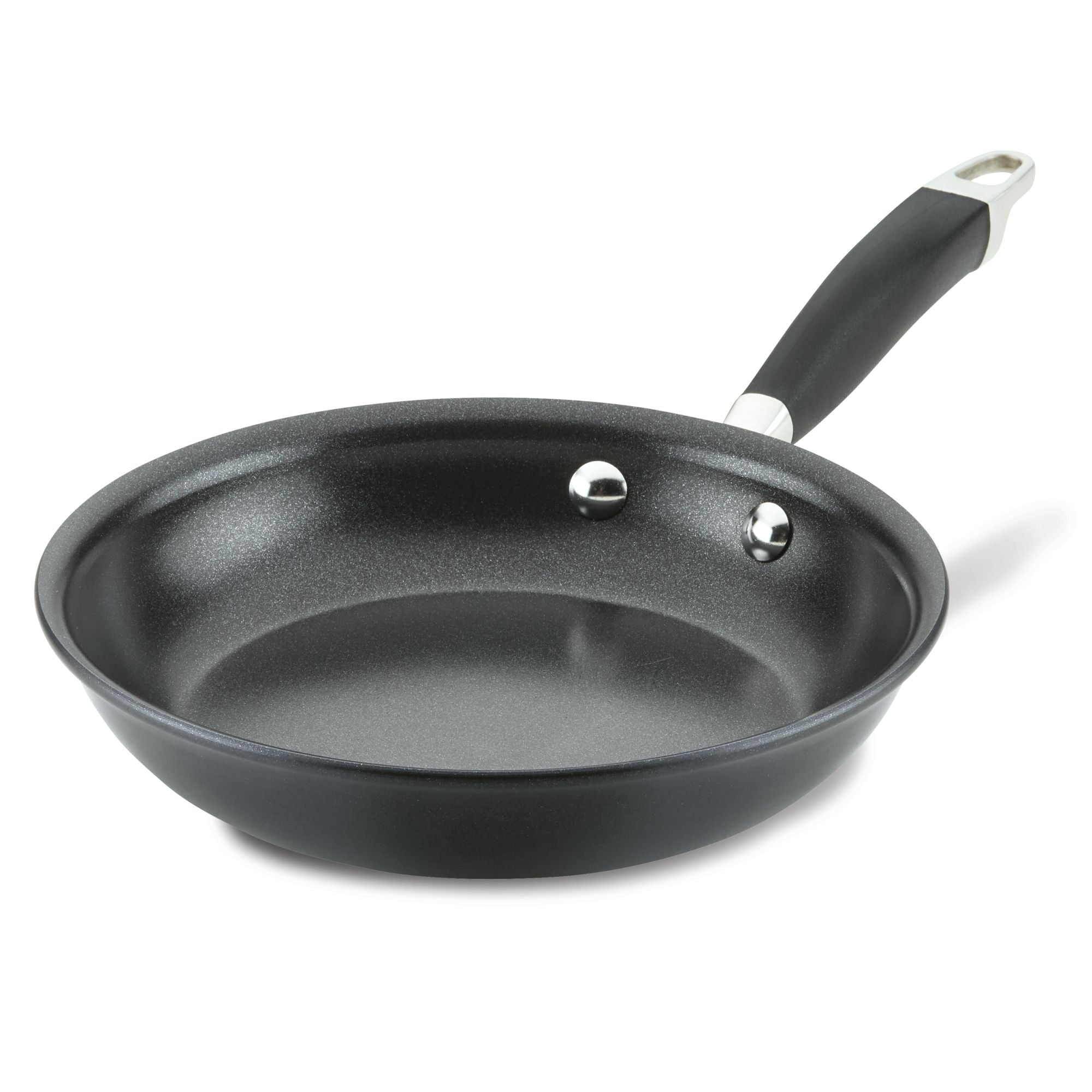 A non-stick black frying pan with a black handle and two metal rivets visible inside. The handle has a stainless steel end with a hole for hanging. The pan is placed on a plain white background.