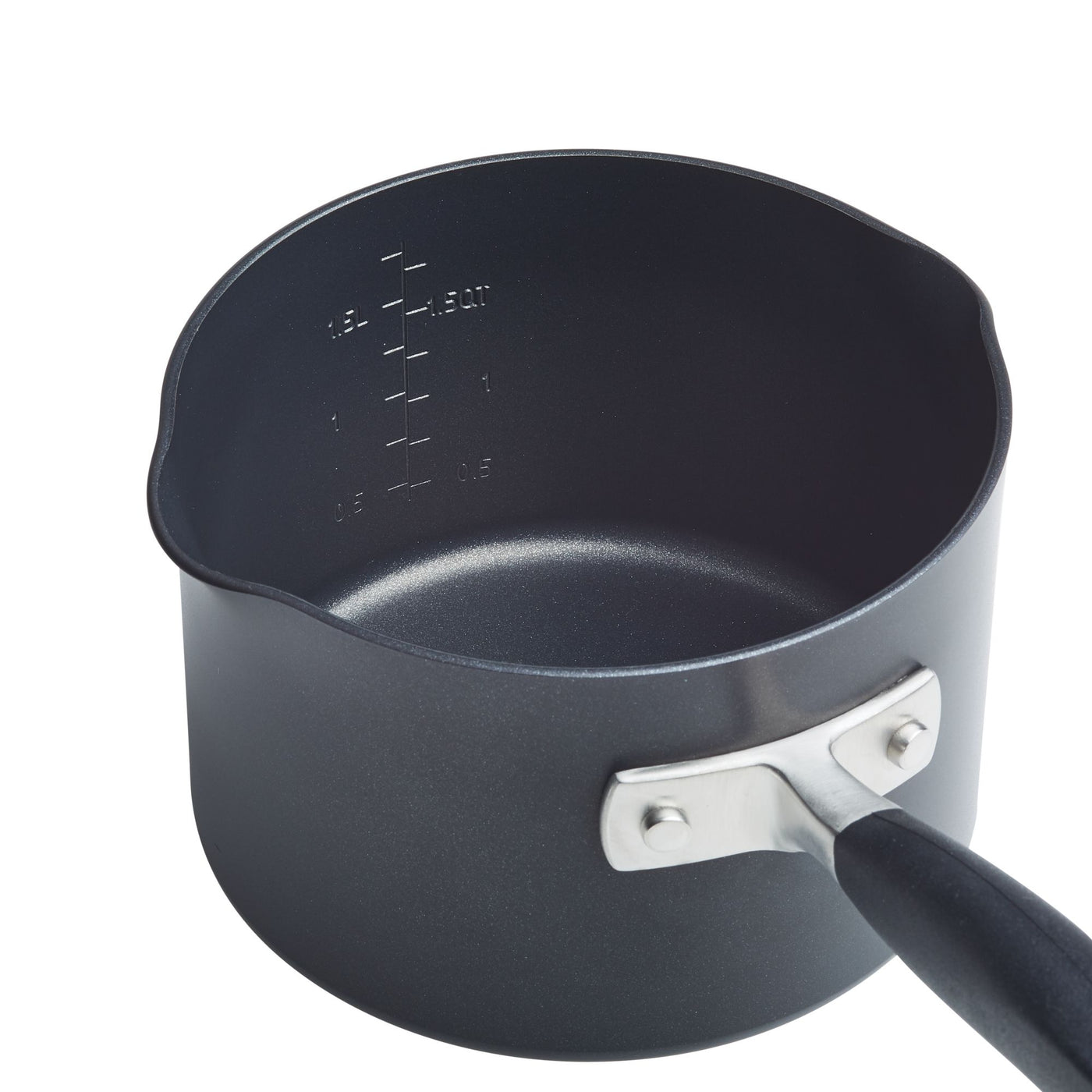 A black saucepan with a curved handle and measurement markings on the inside. It features a pouring spout on one side, and the handle is attached with two metal rivets.