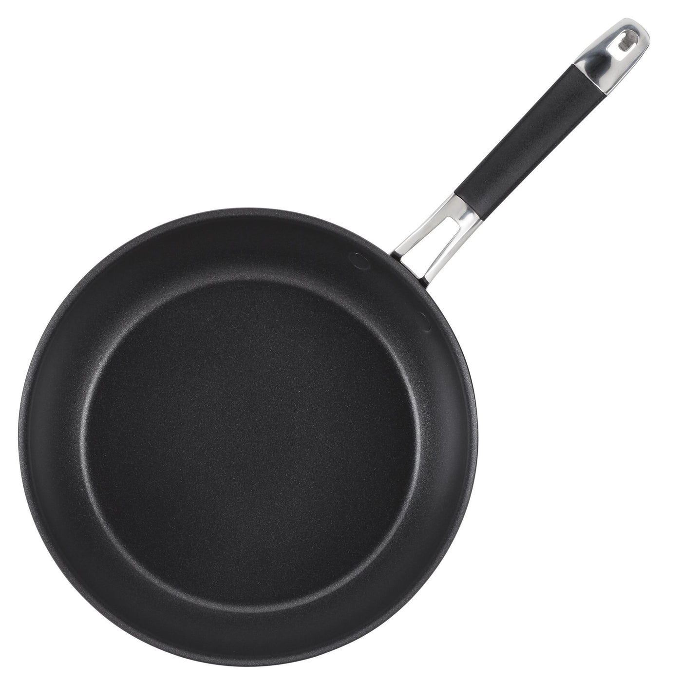 A black non-stick frying pan with a long black handle and a silver attachment. The pan is viewed from above, showing its circular shape and empty interior. The handle has a hole at the end for hanging.