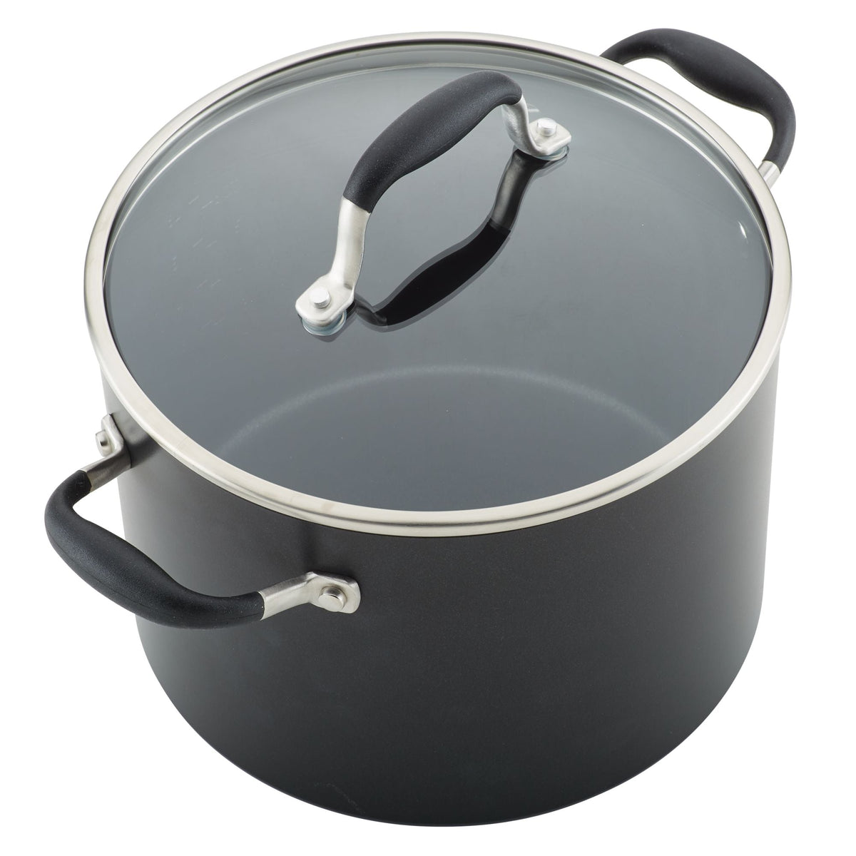 A black pot with a glass lid and stainless steel handles, featuring black grips on the sides and lid. The pot is empty and has a smooth, shiny finish.
