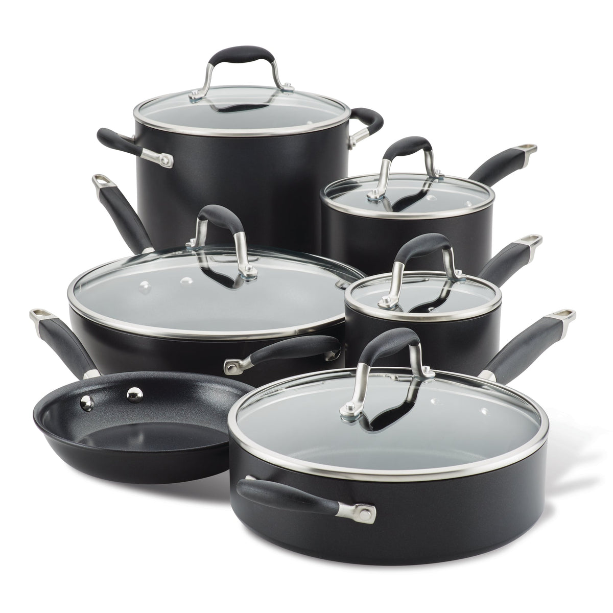 A set of black non-stick cookware, including various pots and pans with glass lids and metal handles, arranged in a group. The set features multiple sizes suitable for different cooking needs.