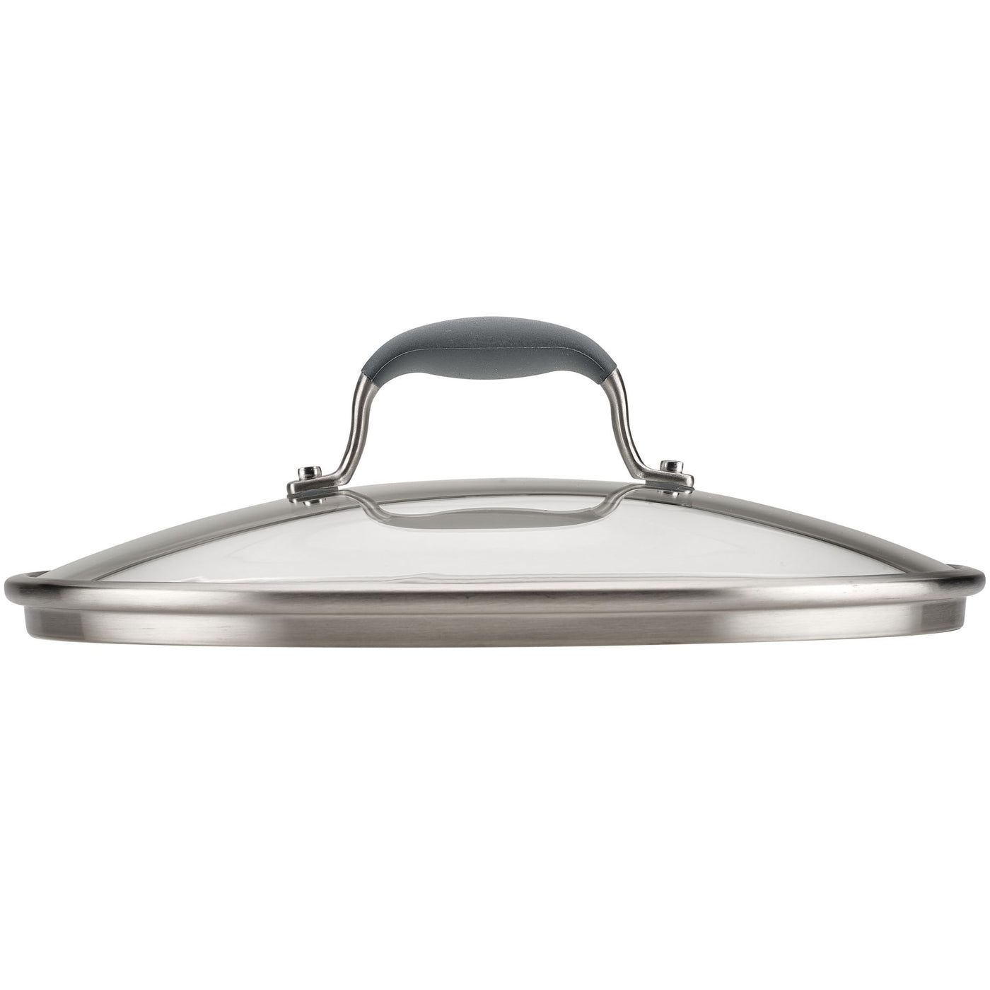 A stainless steel and glass lid with a rounded handle, designed for a cookware pot or pan. The glass is clear, allowing visibility into the pot, and the handle is ergonomic for easy gripping.