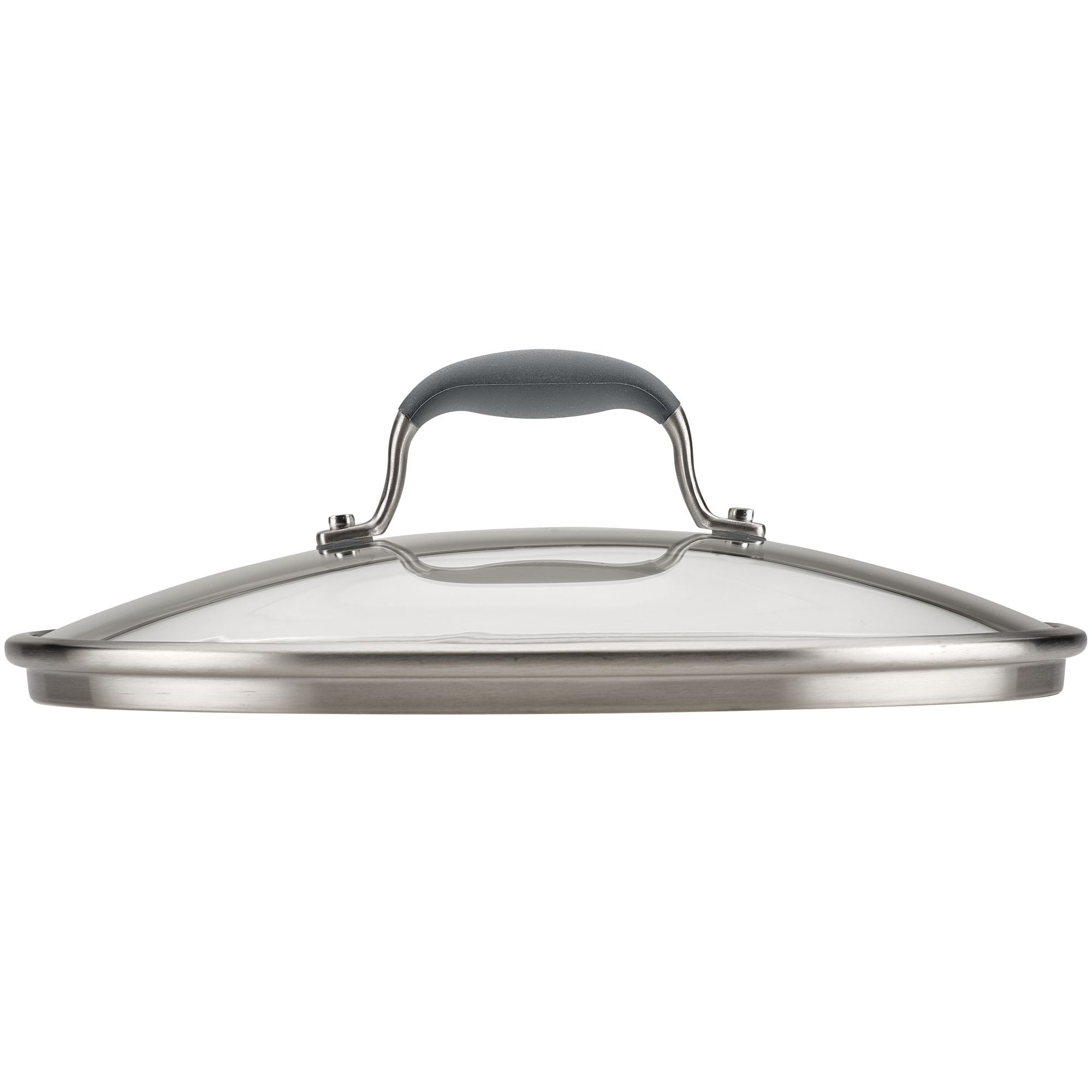 A stainless steel and glass lid with a rounded handle, designed for a cookware pot or pan. The glass is clear, allowing visibility into the pot, and the handle is ergonomic for easy gripping.
