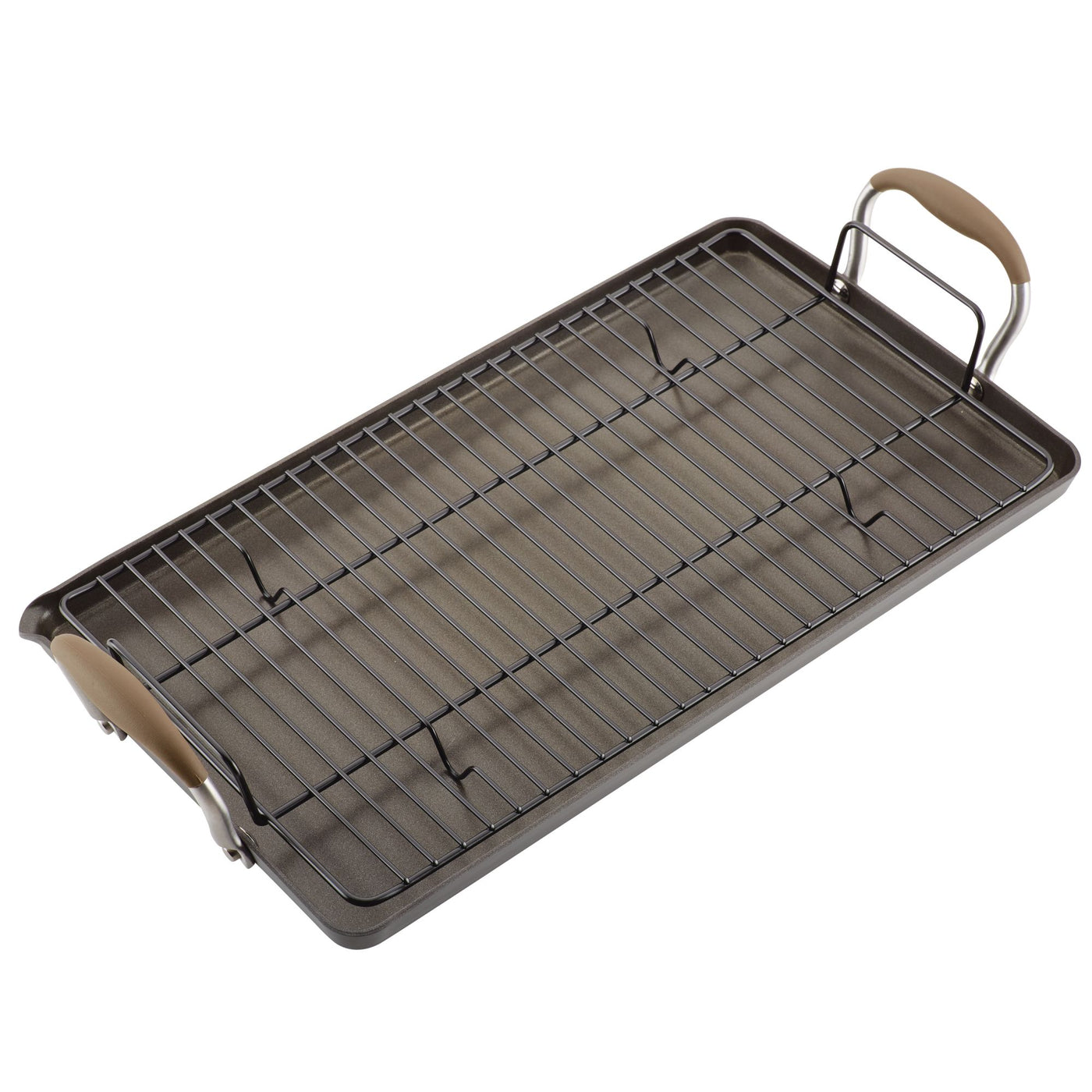 A rectangular baking tray with a fitted cooling rack and brown handles at each end.