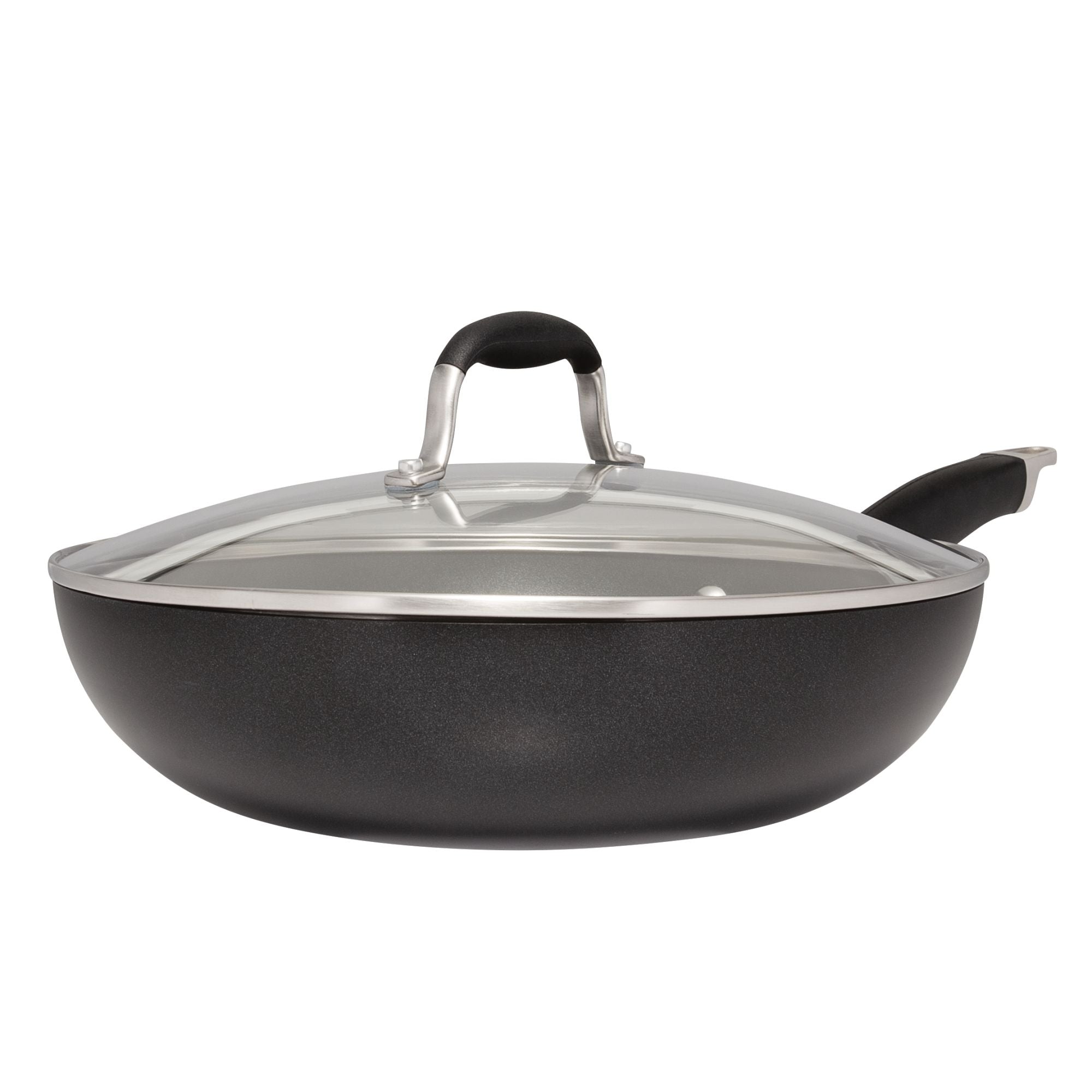 A black, non-stick frying pan with a glass lid and a metal handle, resting on a white background. The pan is slightly deep, suggesting it can be used for both frying and sautéing.