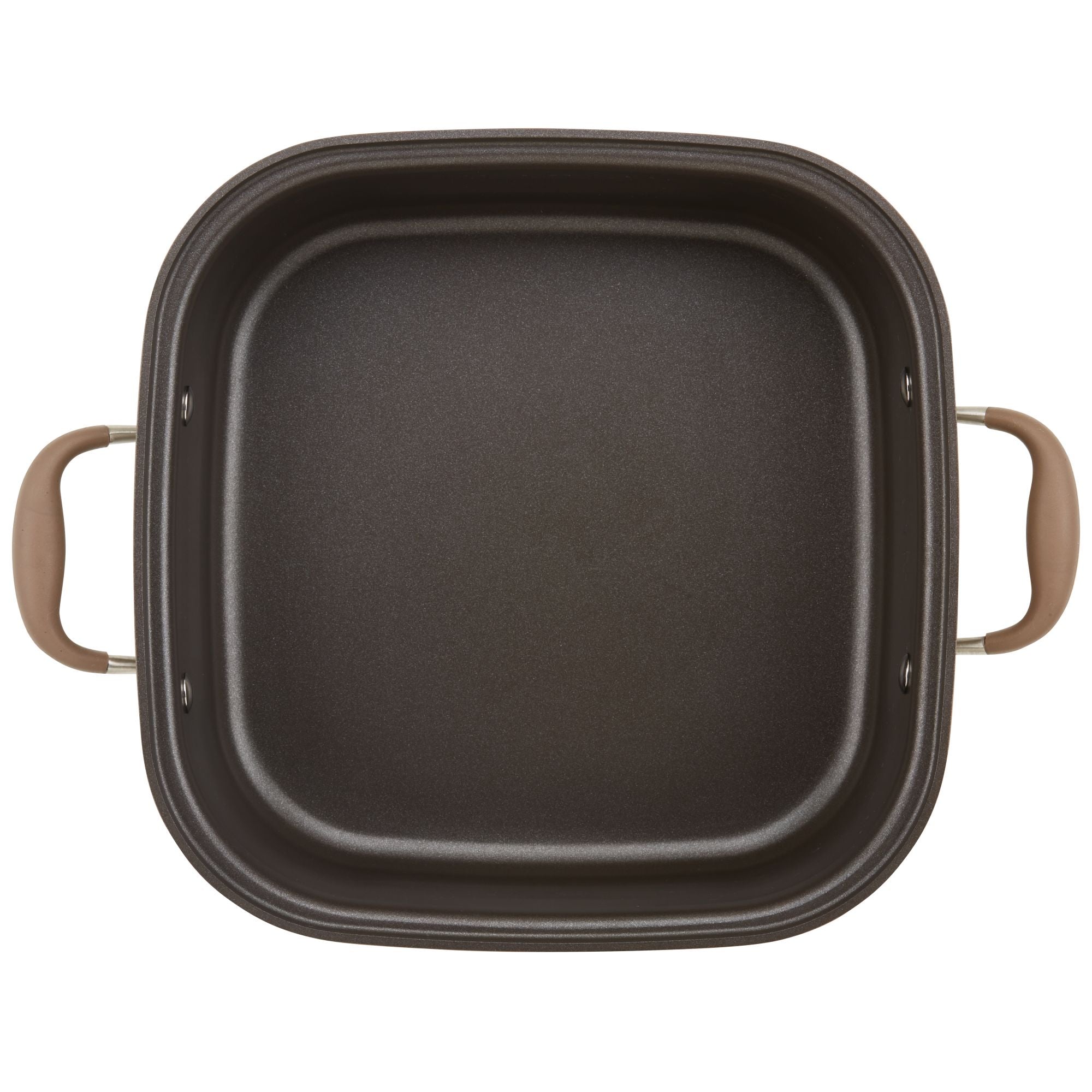 A square, deep black baking dish with two beige handles, viewed from above. The dishs interior has a smooth, non-stick surface.