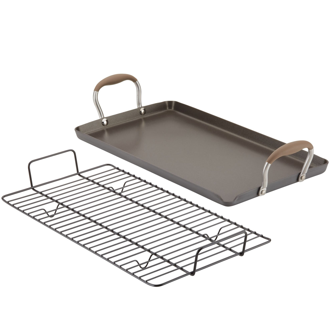 A non-stick griddle with brown handles and a wire cooling rack. The griddle is rectangular and both items are placed on a white surface.