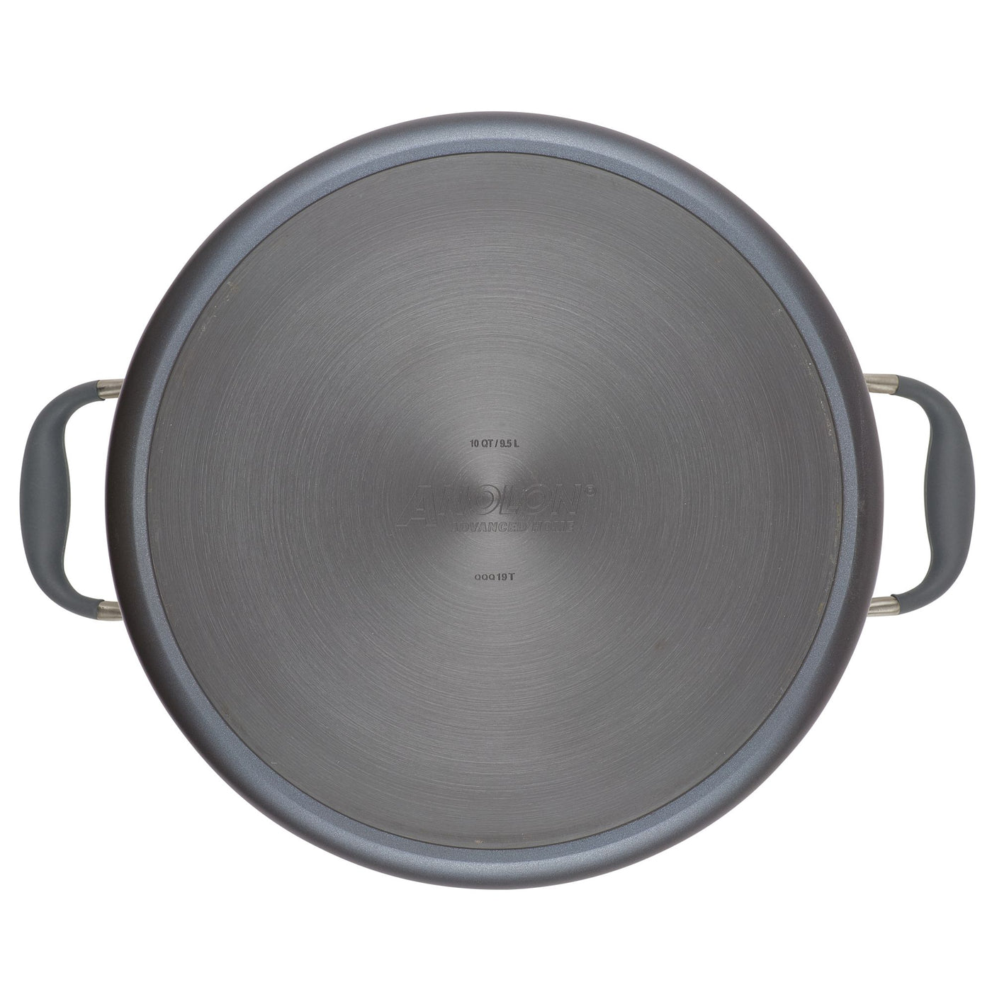 Top view of a large, circular metal cooking pot lid with two black handles on opposite sides. The surface has a brushed finish and faint text in the center.