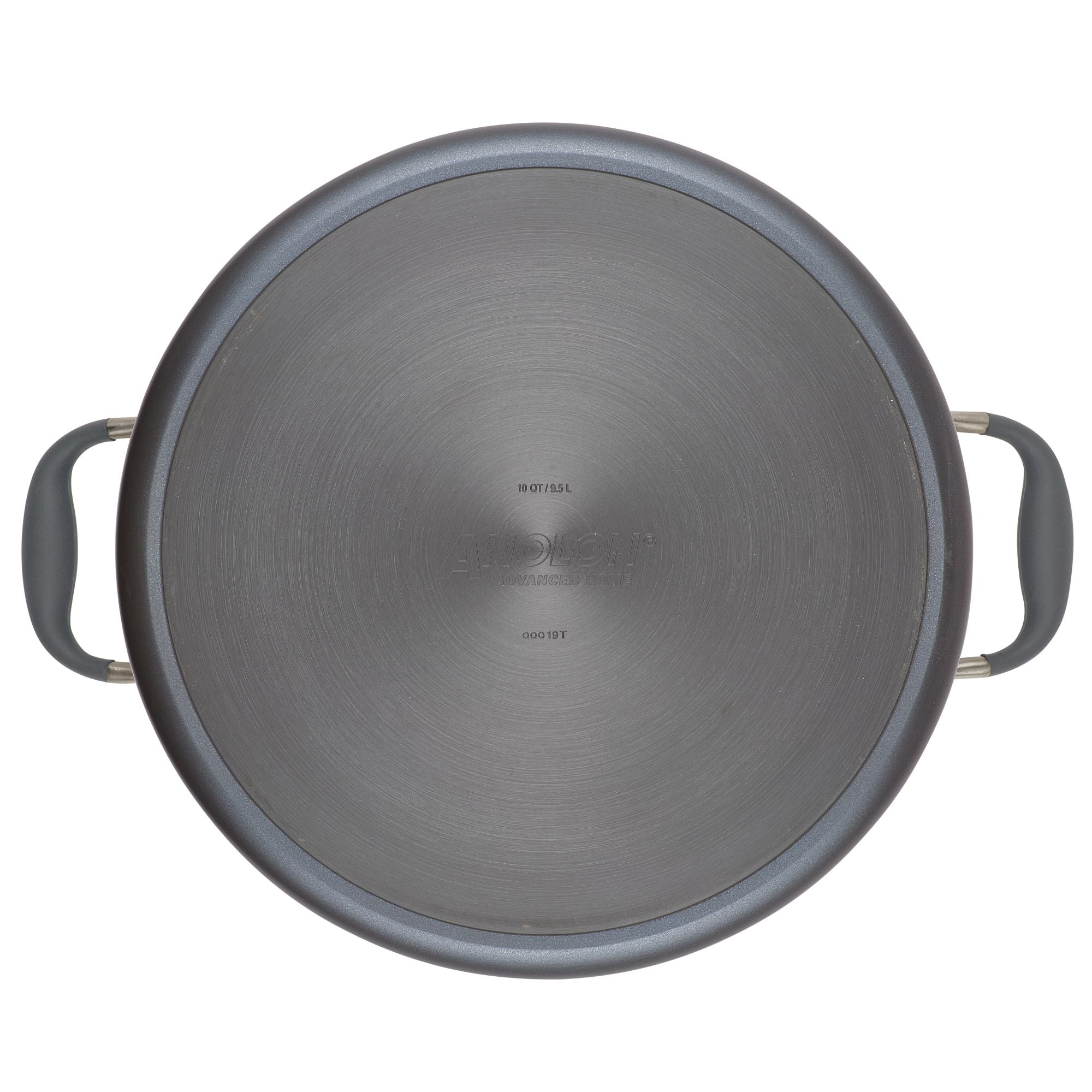 Top view of a large, circular metal cooking pot lid with two black handles on opposite sides. The surface has a brushed finish and faint text in the center.